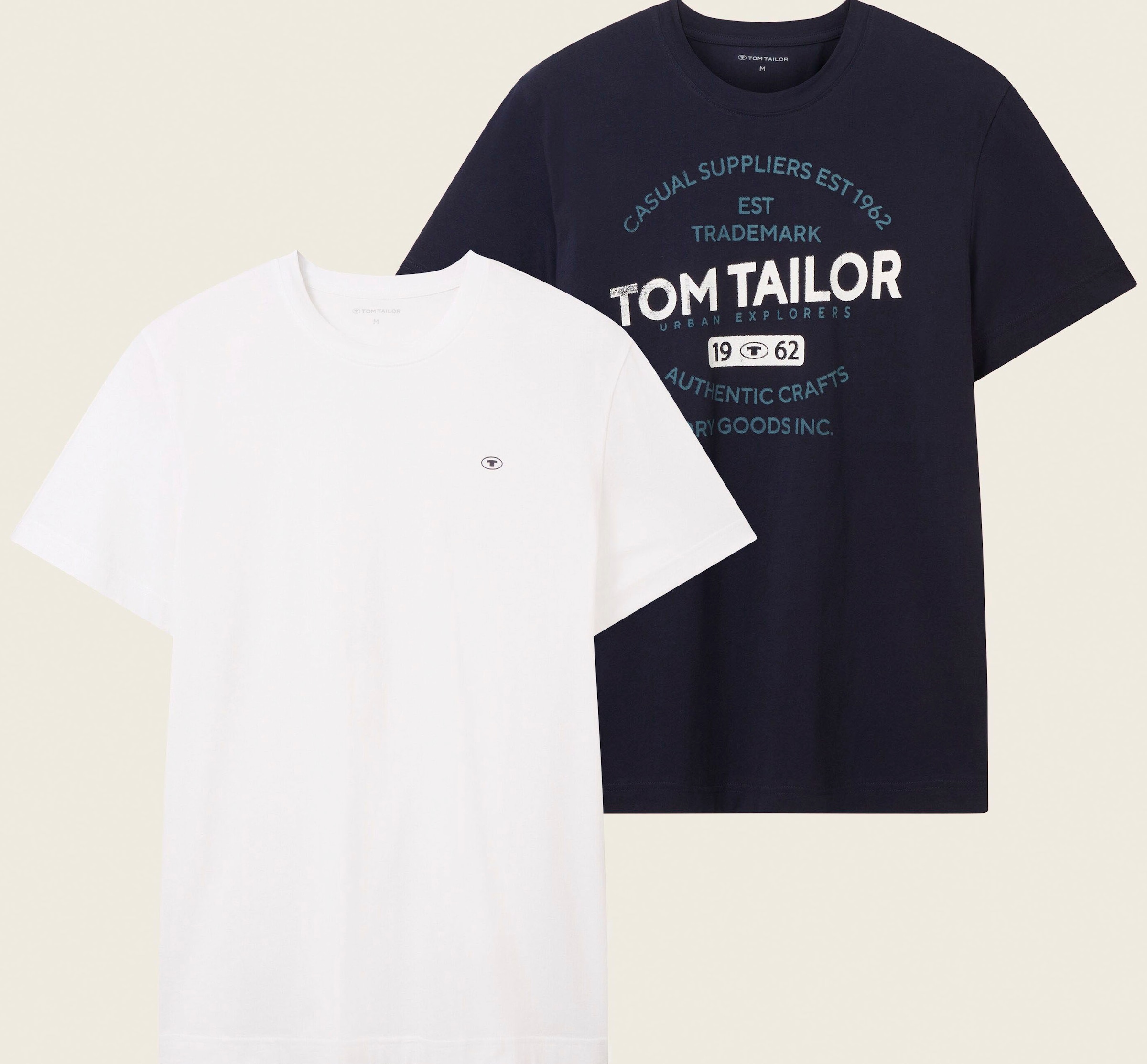 TOM TAILOR T-Shirt, (Packung, 2 tlg.), 1x mit grossem Print 1x mit kleinem Logo auf der Brust