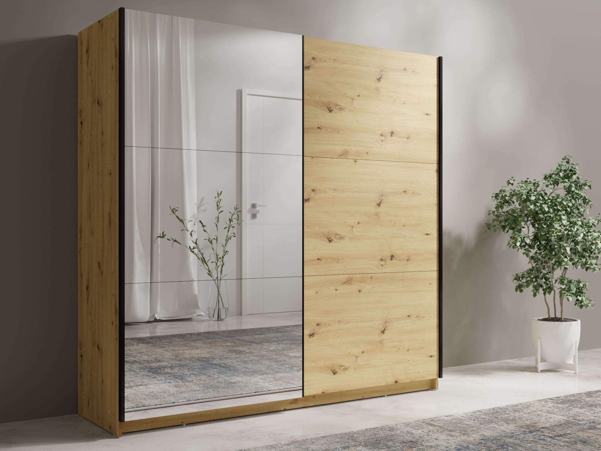 Home affaire Kleiderschrank »Kleiderschrank Fresno mit 5 Einlegeböden, Spiegel und Kleiderstange« Garderobe mit 2 Schwebetüren, B/H/T 200/207/62 cm