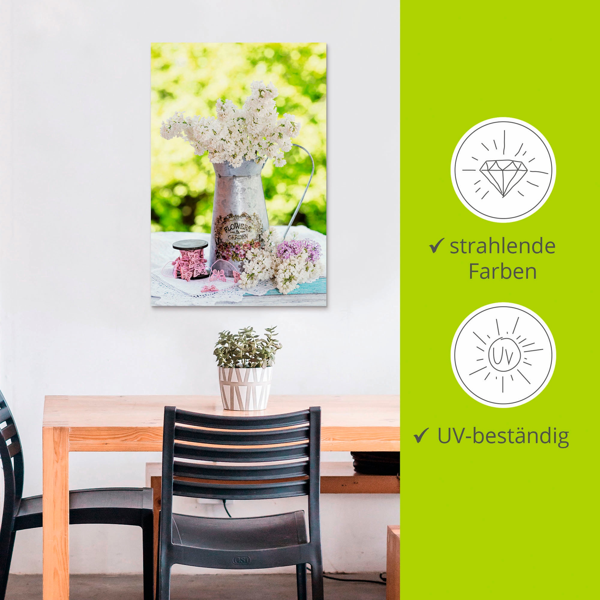 Artland Wandbild »Flieder und Shabby Chic Stillleben«, Blumen, (1 St.), als Alubild, Outdoorbild, Leinwandbild, Poster, Wandaufkleber