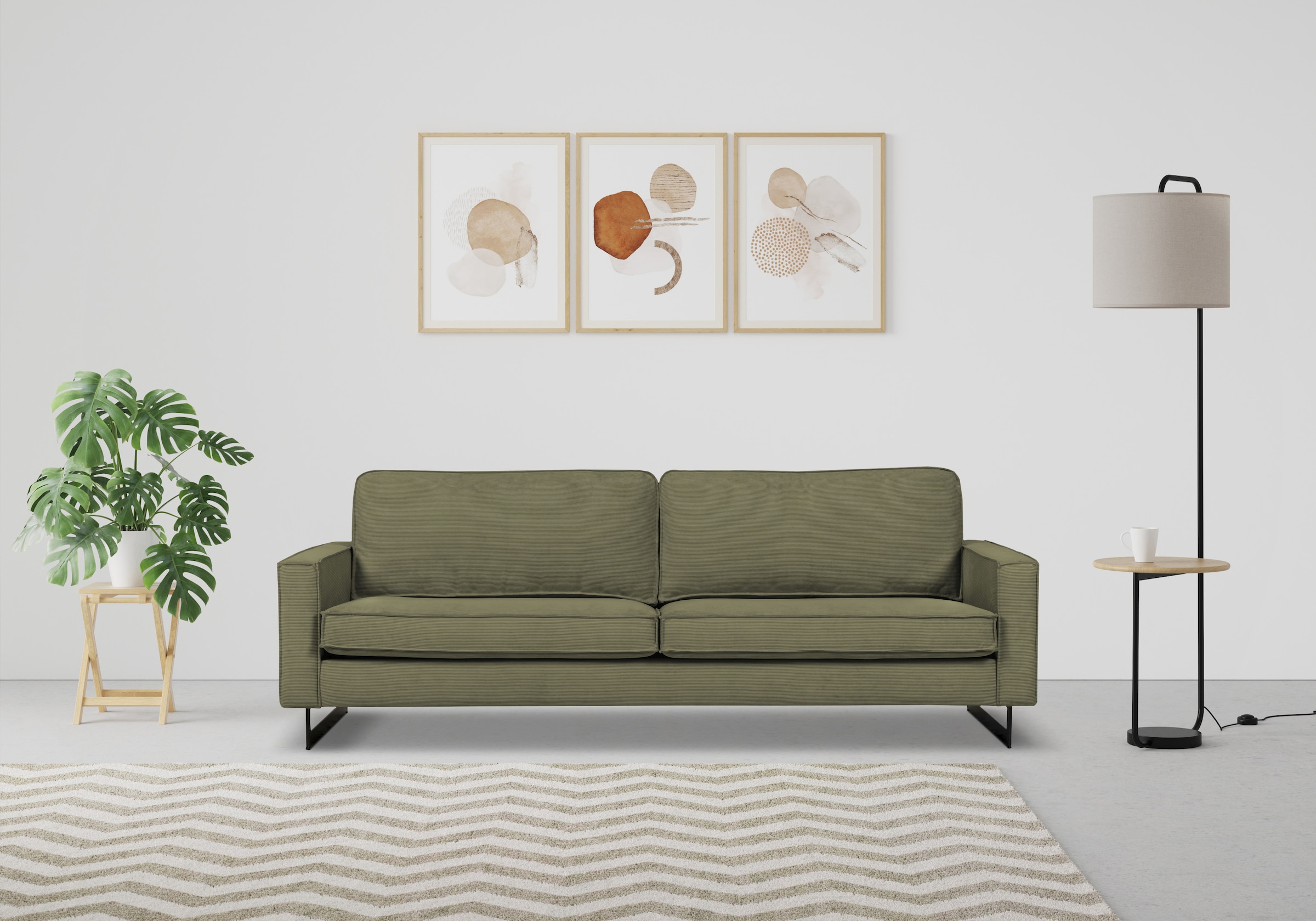 Places of Style 3-Sitzer »Maxi-Ausführung Pinto, 236 cm, Cord, Chenille, Lederoptik«, mit Keder, schwarze Metallfüsse, Wellenunterfederung