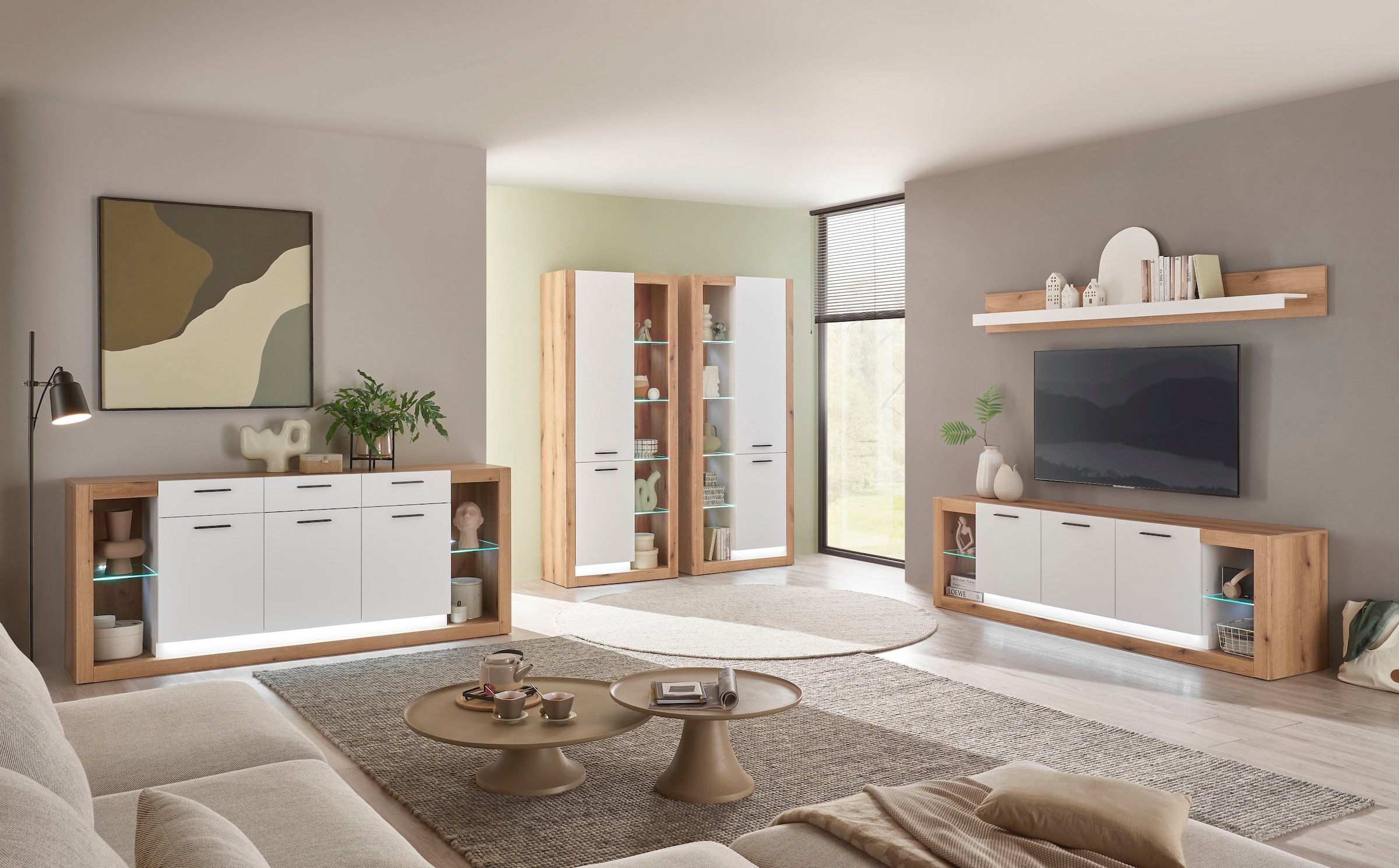INOSIGN Wandboard »Brixen, modernes Wandregal, Hängeregal mit Ablage«, vielseitig einsetzbares Hängeregal, Weiss mit Eiche Evoke Dekor