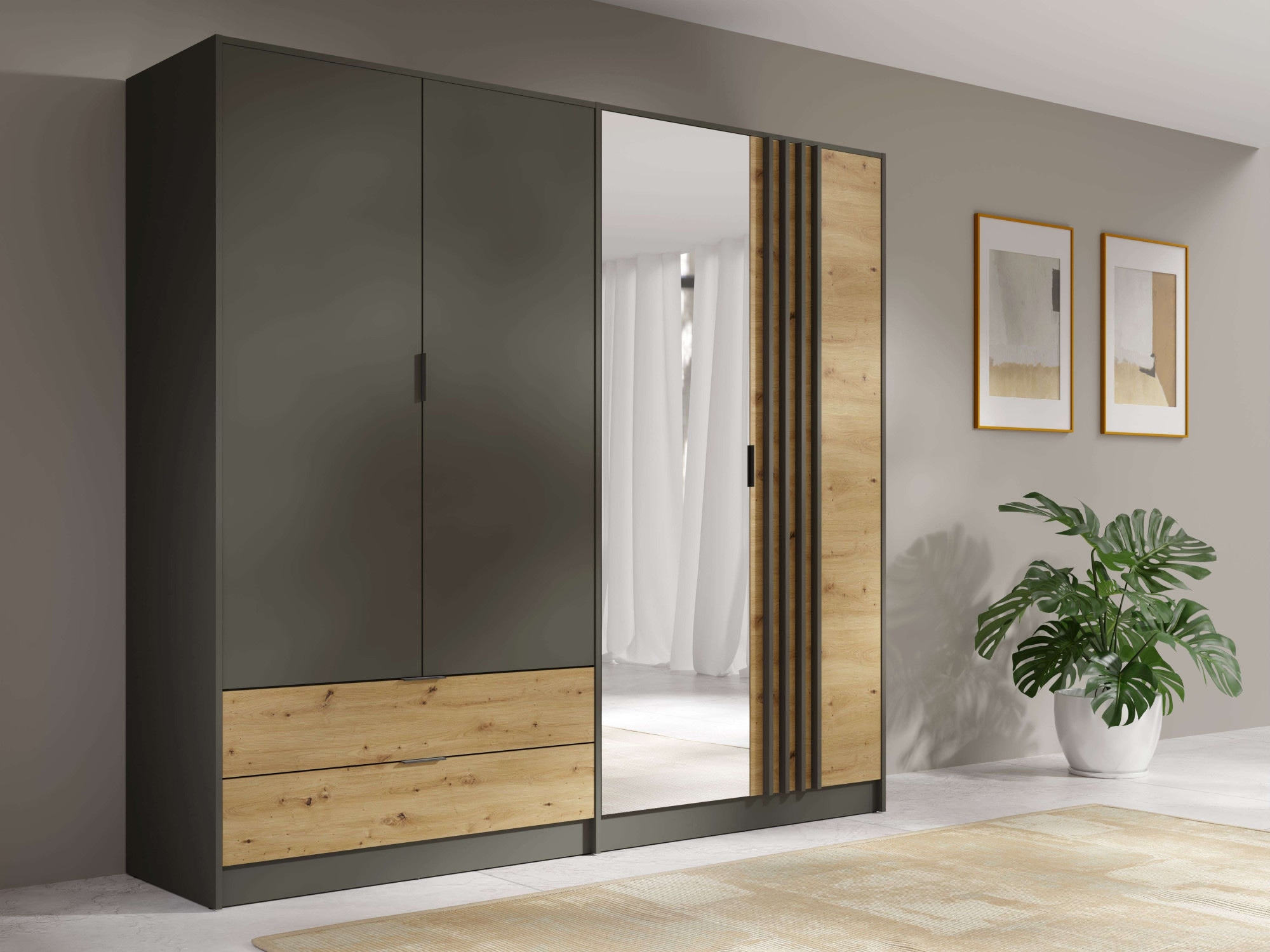 Home affaire Kleiderschrank »Kleiderschrank Loreto mit Schubkästen und Spiegel, B/T/H 220/54/202 cm« Schrank mit Drehtüren und Schubladen, Spiegel und MDF-Lamellen