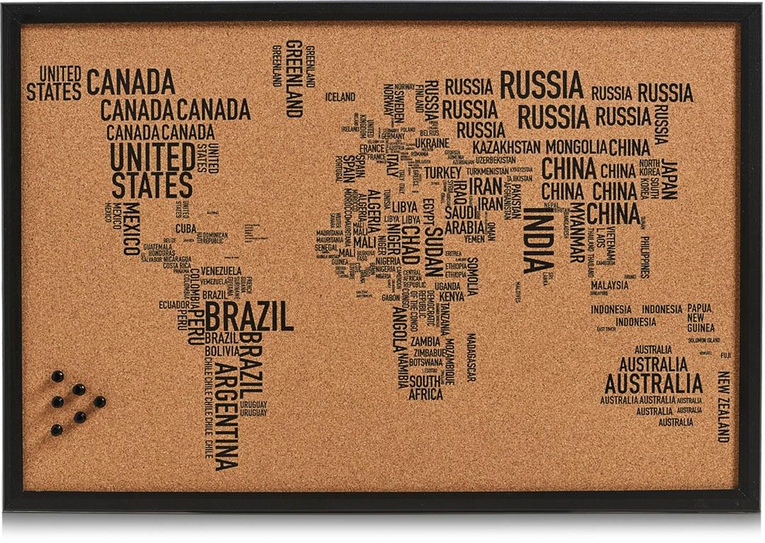 Pinnwand »World Letters«, rechteckig, aus Kork, Motiv Weltkarte