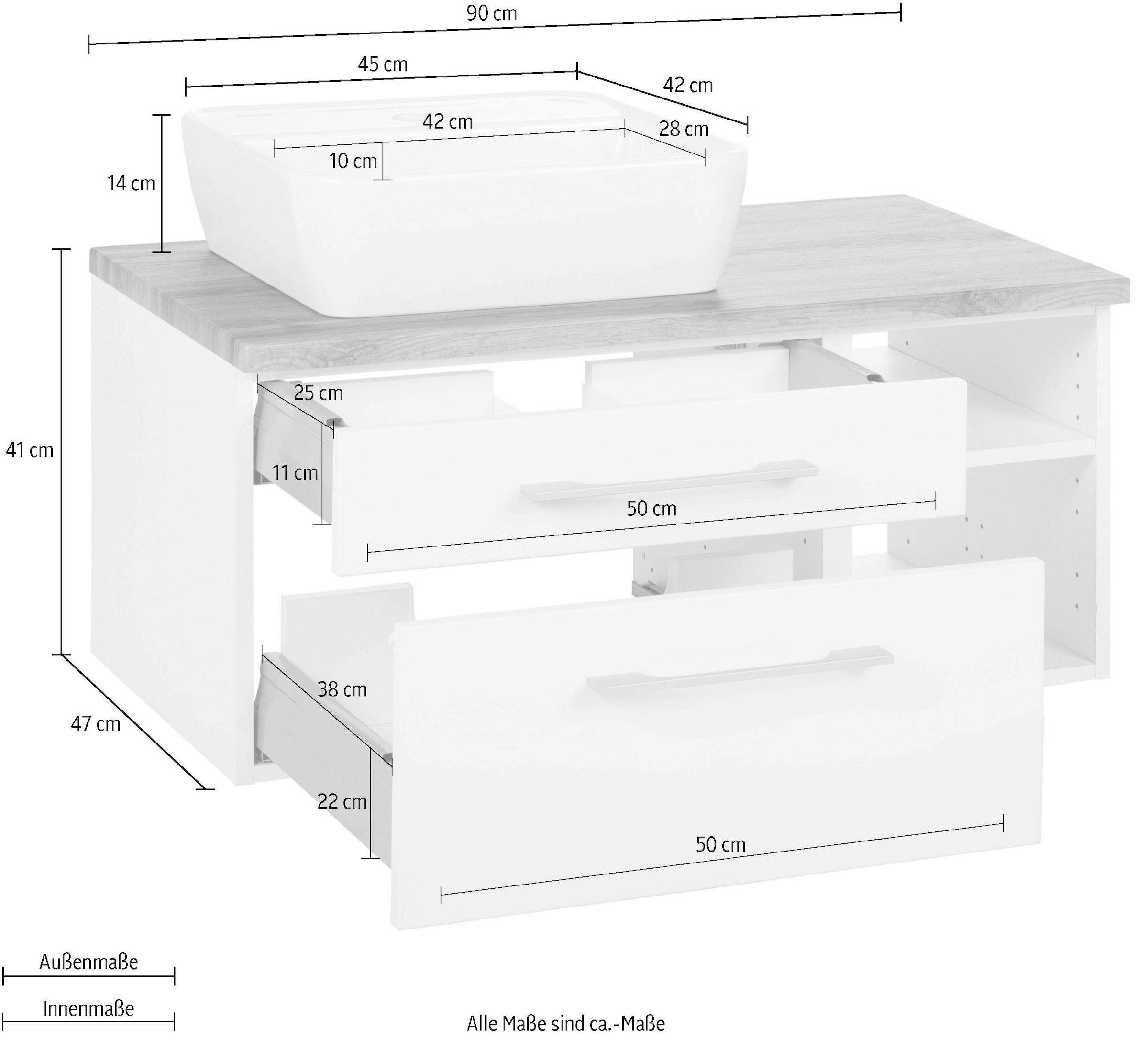 welltime Waschbeckenunterschrank »Davos«, Badmöbel, Waschtisch inkl. Waschbecken, Breite 90 cm