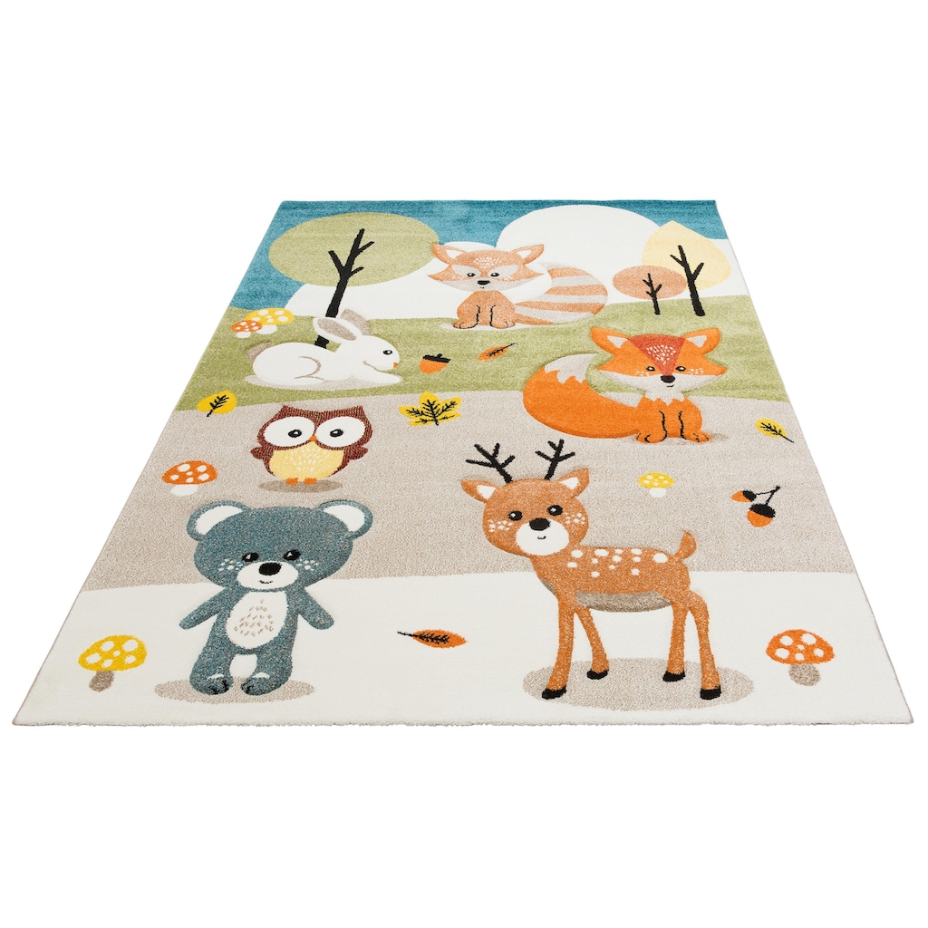Lüttenhütt Kinderteppich »Wald«, rechteckig, Kurzflor, Motiv Tiere, in Pastell-Farben, 3D-Design, Waldtiere