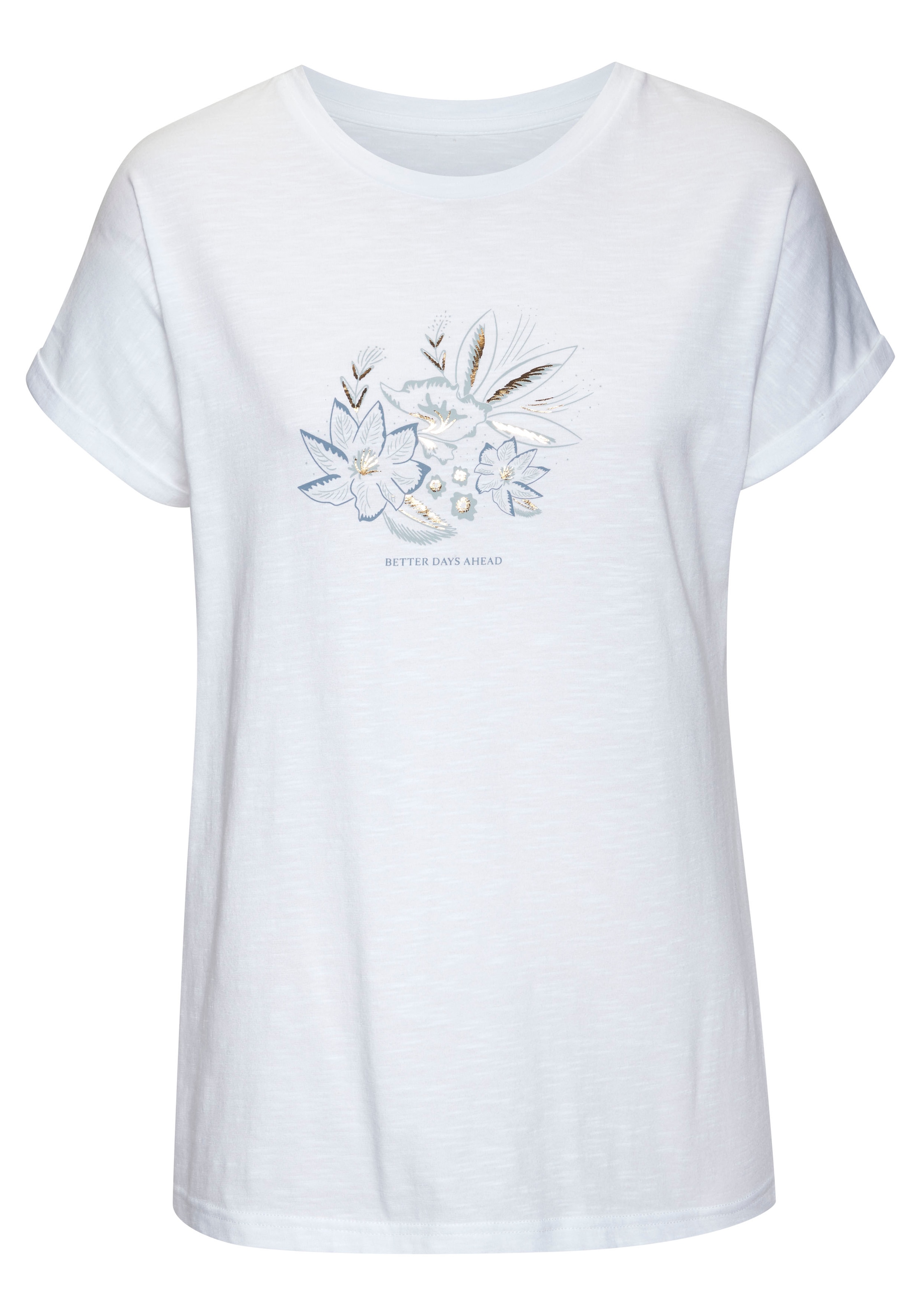 Vivance T-Shirt »mit goldfarbenenfarben schimmerndem Folienprint«, aus weicher Baumwoll-Qualität