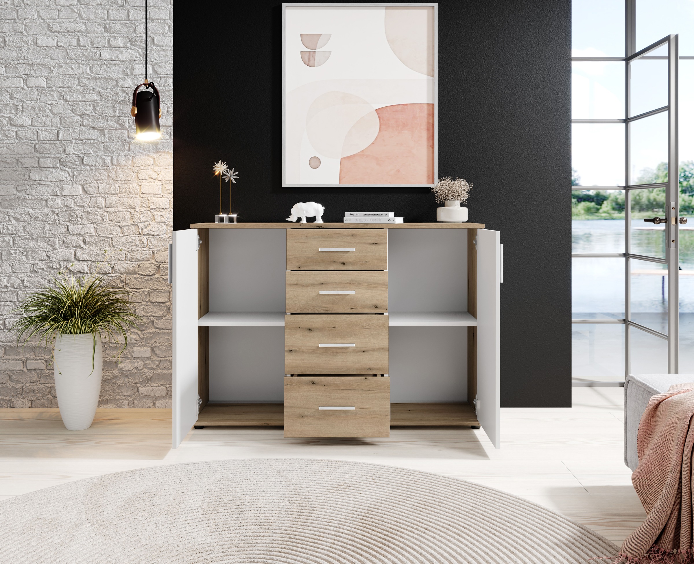 HBZ Kommode »BC-Drift-2, Sideboard Stellmass 120x84x35 cm«, (1 St.), Sideboard mit 2 Türen, 4 Schubkästen, 2 Einlegeböden