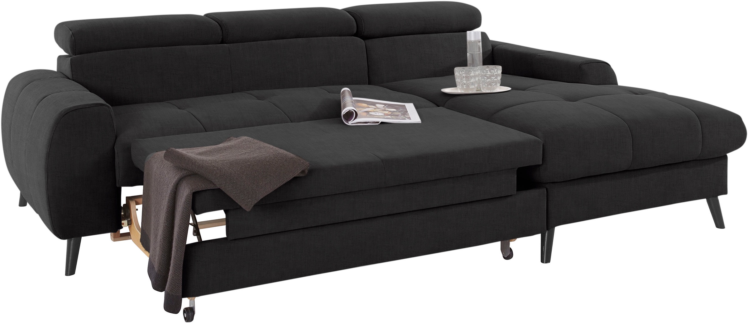 COTTA Ecksofa »Mia L-Form mit 3 Zierkissen«, wahlweise mit Bettfunktion, Bettkasten, Beleuchtung & Wireless-Charger