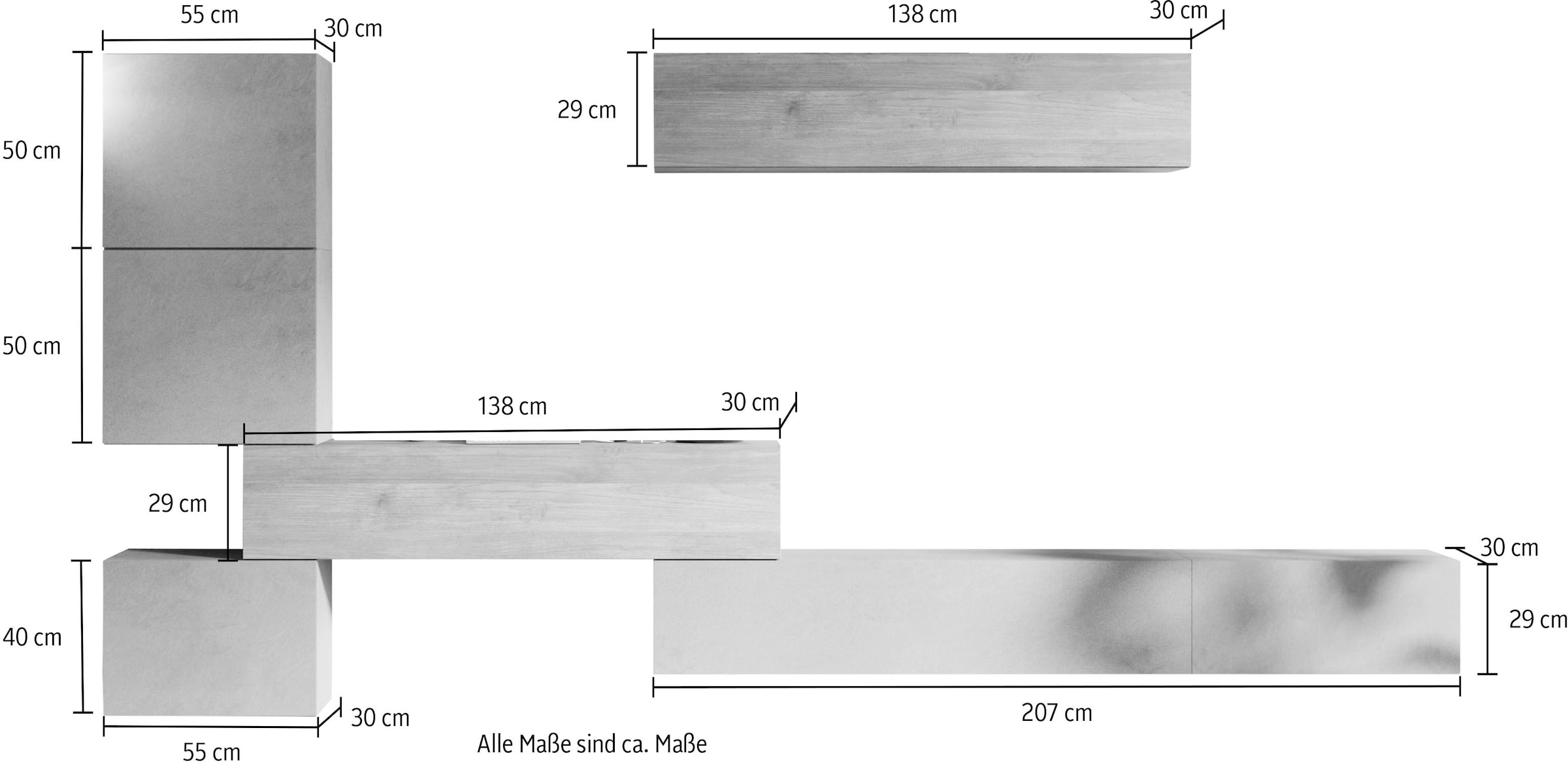 INOSIGN Wohnwand »INFINITY, 7tlg. Breite 340 cm, Höhe variabel, Schrankwand, Anbauwand«, (7 St.), (Lowboard hängend 2tlg., 2x Hängeschr., 2x Hängewürfel, Würfel-Elem.)