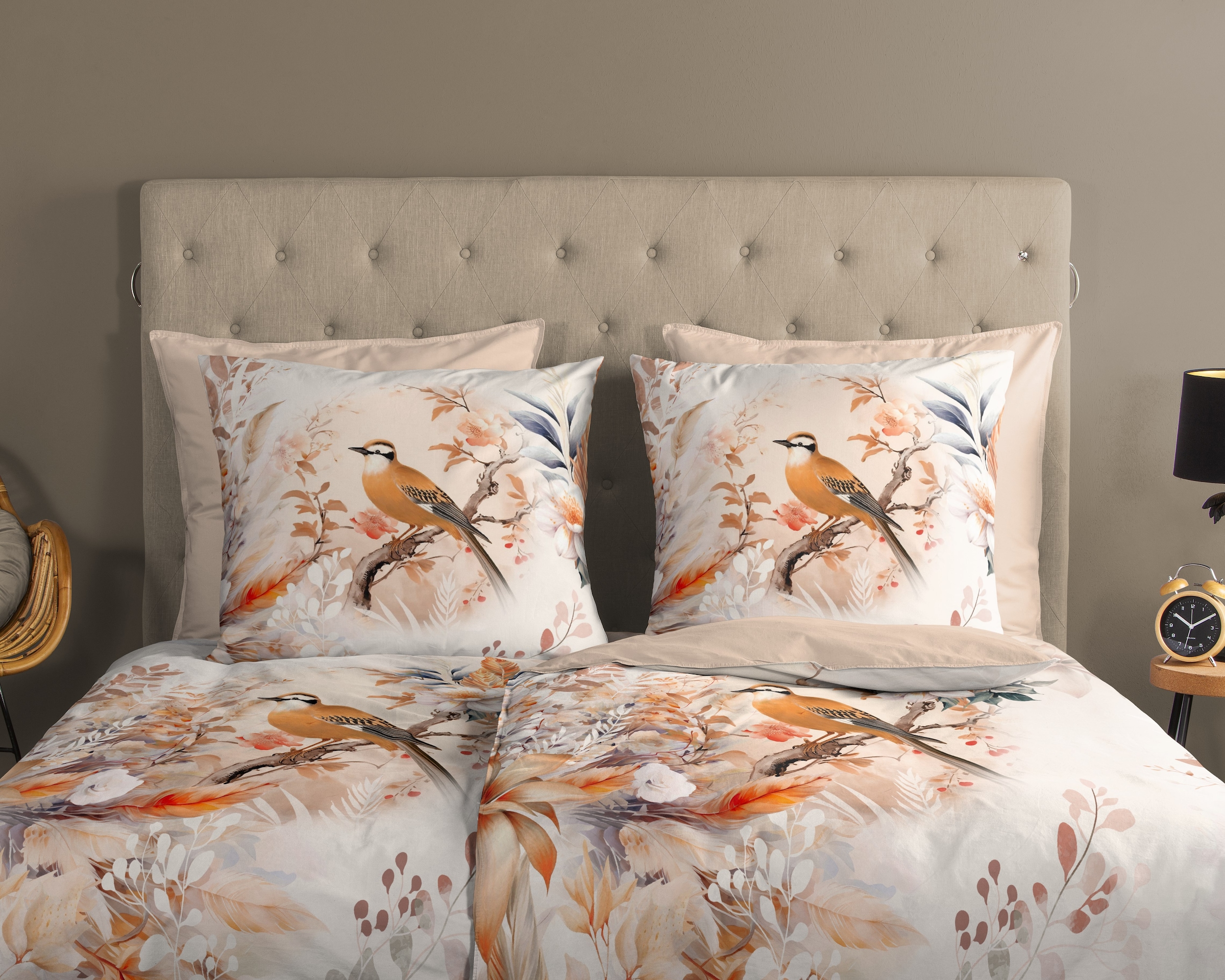 good morning Wendebettwäsche »Gloria«, Baumwolle, Renforcé, Reissverschluss, Wendeoptik, Blumen, Vogel, Natur