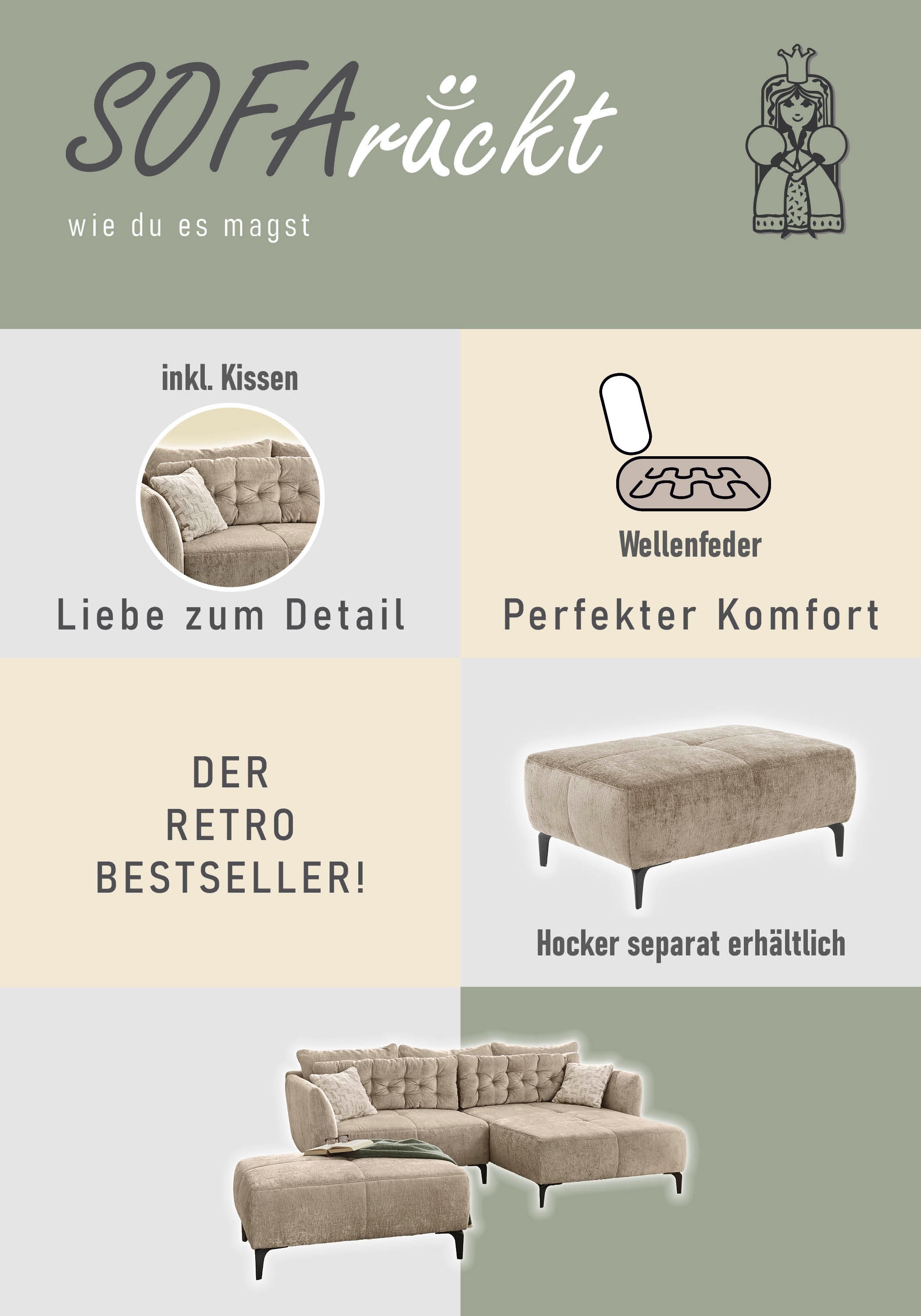 Jockenhöfer Gruppe Ecksofa Salo, im Retrolook, mit 5 Rücken-/Zierkissen
