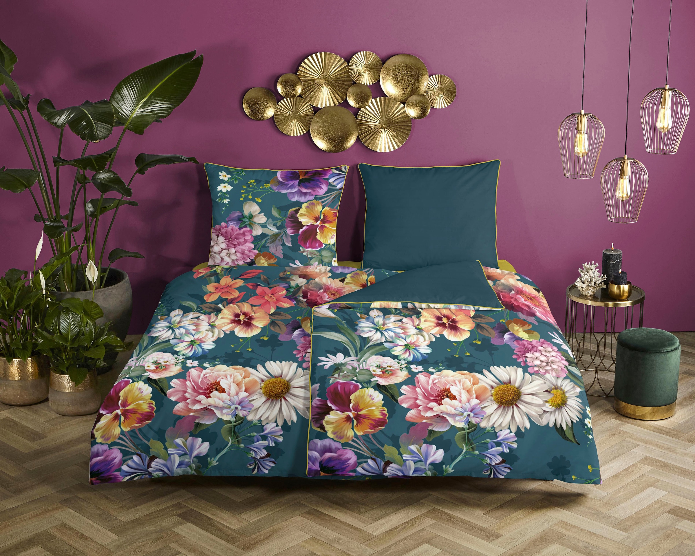 Descanso Wendebettwäsche »Novara«, Baumwolle, Satin, 135x200, Biese, Reissverschluss, Wende, Blumen, Natur
