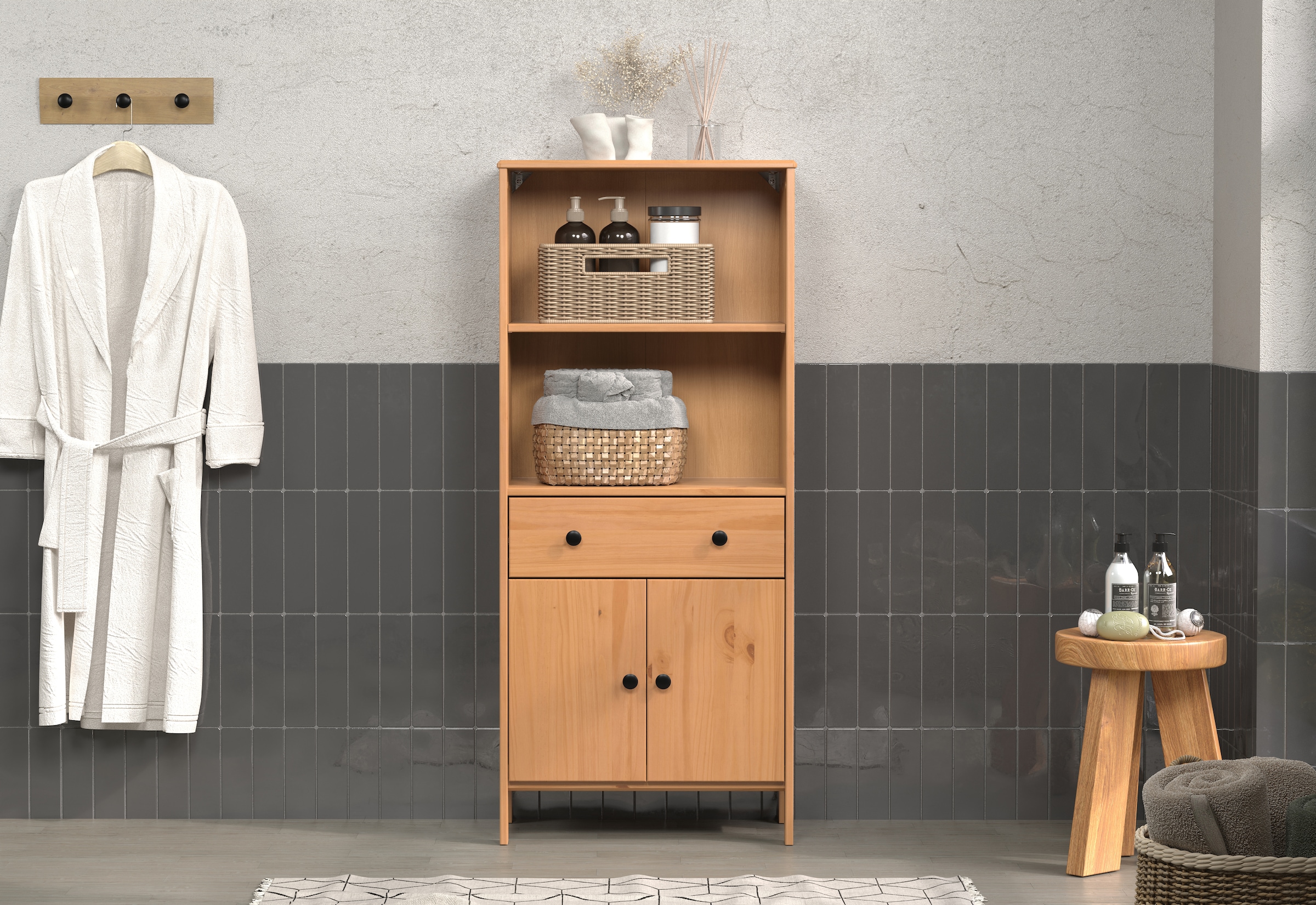 welltime Midischrank »Kall«, (1 St.), Breites Badregal aus Kiefer-Massivholz - Weiss oder Braun lackiert