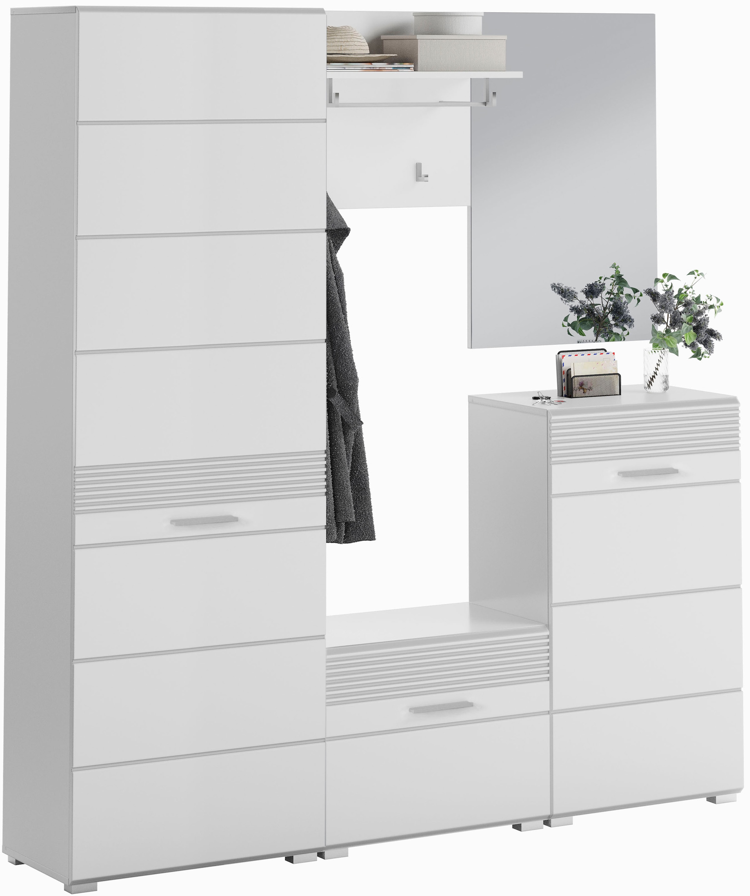 INOSIGN Garderoben-Set »Malmö, Breite 170cm, MDF Front mit Rillenfräsung, 5-teilig, best. aus:«, (5 St.), Garderobenschrank, Sitzbank, Garderobenpaneel, Schuhkommode & Spiegel