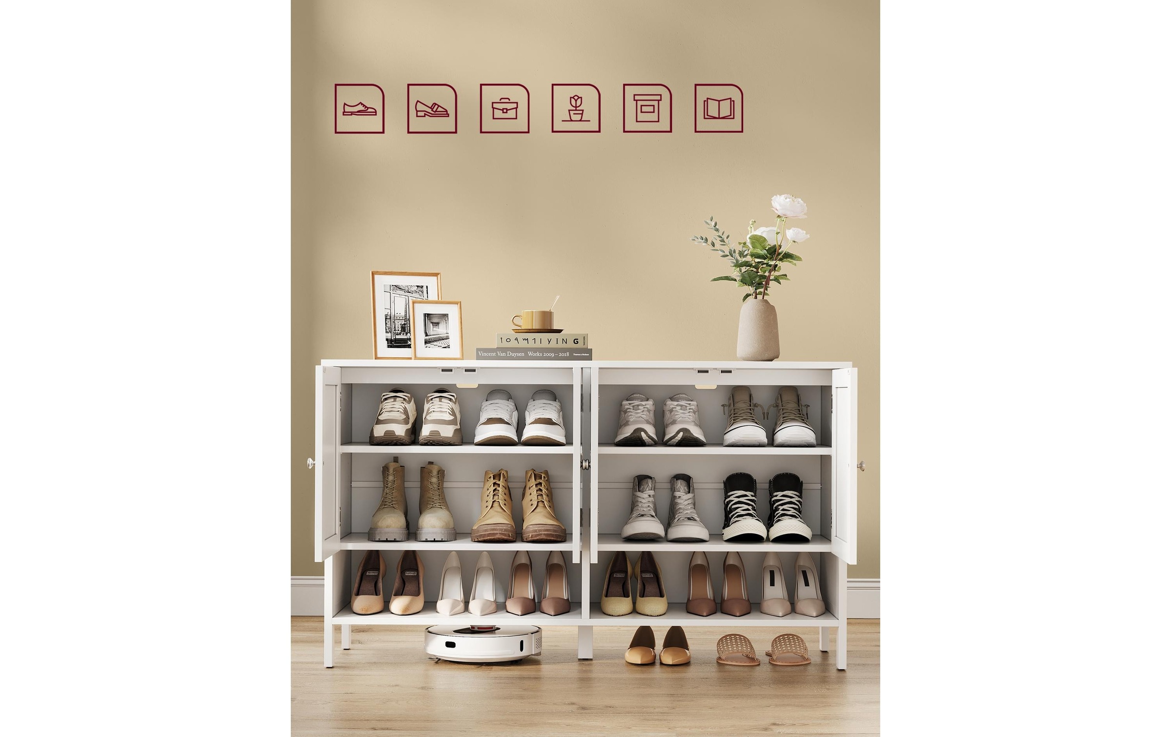 VASAGLE Schuhschrank »Landhausstil 120 x 70 cm«, Verfügt ein offenes Fach und einen Schrank mit insgesamt 4 Ablagen
