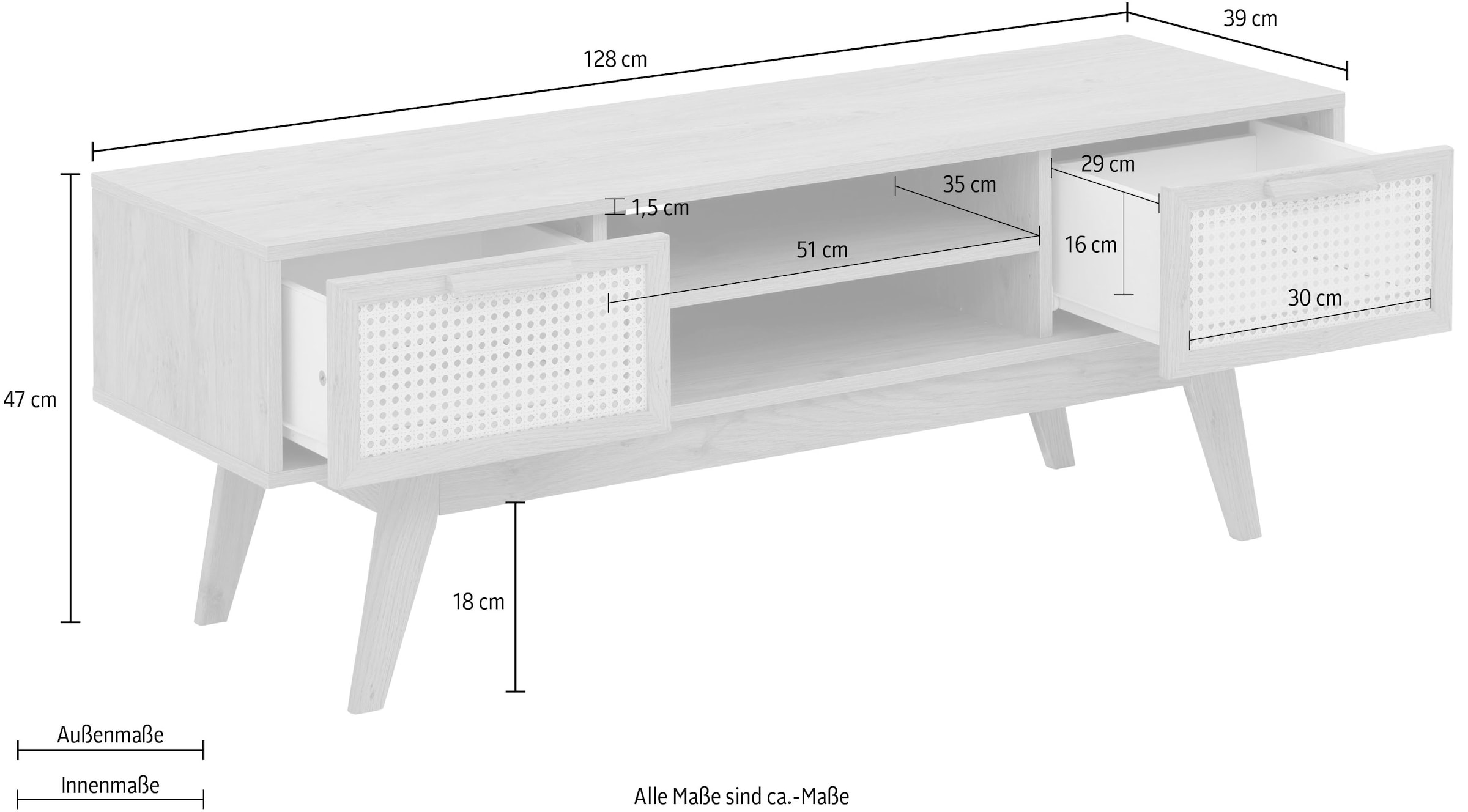 Home affaire Lowboard »Bridget«, 2 Schubladen, 1 verstellbare Einlegeboden, Breite 128 cm, Höhe 47 cm