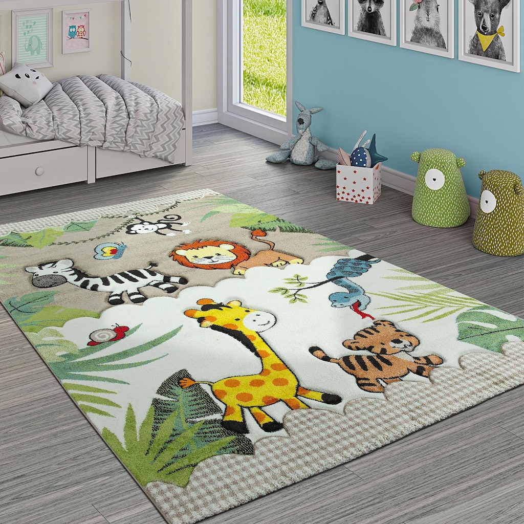 Paco Home Kinderteppich »Diamond 644«, rechteckig, 18 mm Höhe, 3D-Design, Motiv Dschungel Tiere, Kinderzimmer