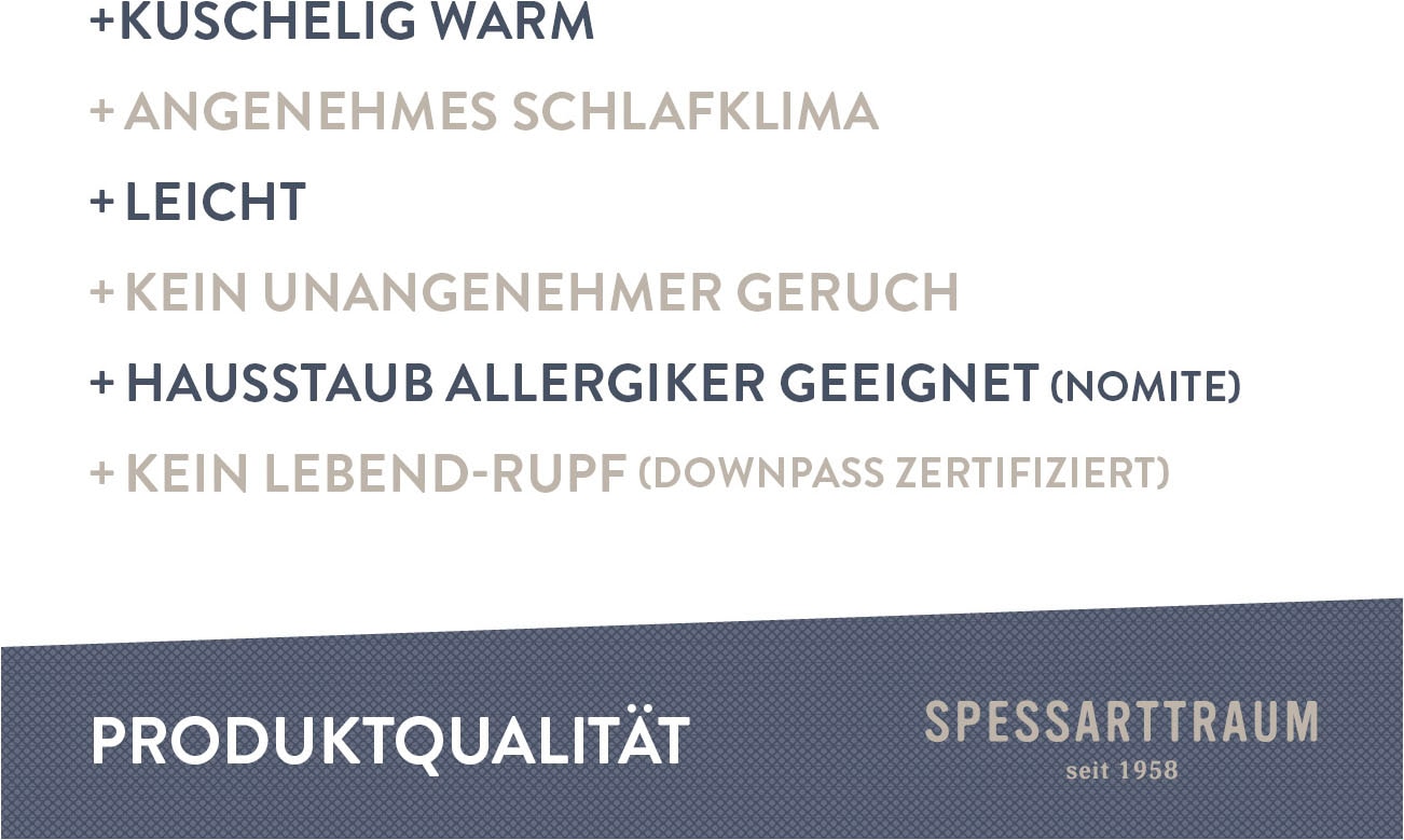 SPESSARTTRAUM Daunenbettdecke »Exklusiv, Bettdecken für Sommer und Winter«, Füllung 100% Daunen, Klasse 1, Downpass zertifiziert, Bezug 100% Baumwolle, nachhaltig (Made in Green), Hausstauballergiker geeignet, (1 St.), 5 Wärmeklassen & 8 Grössen