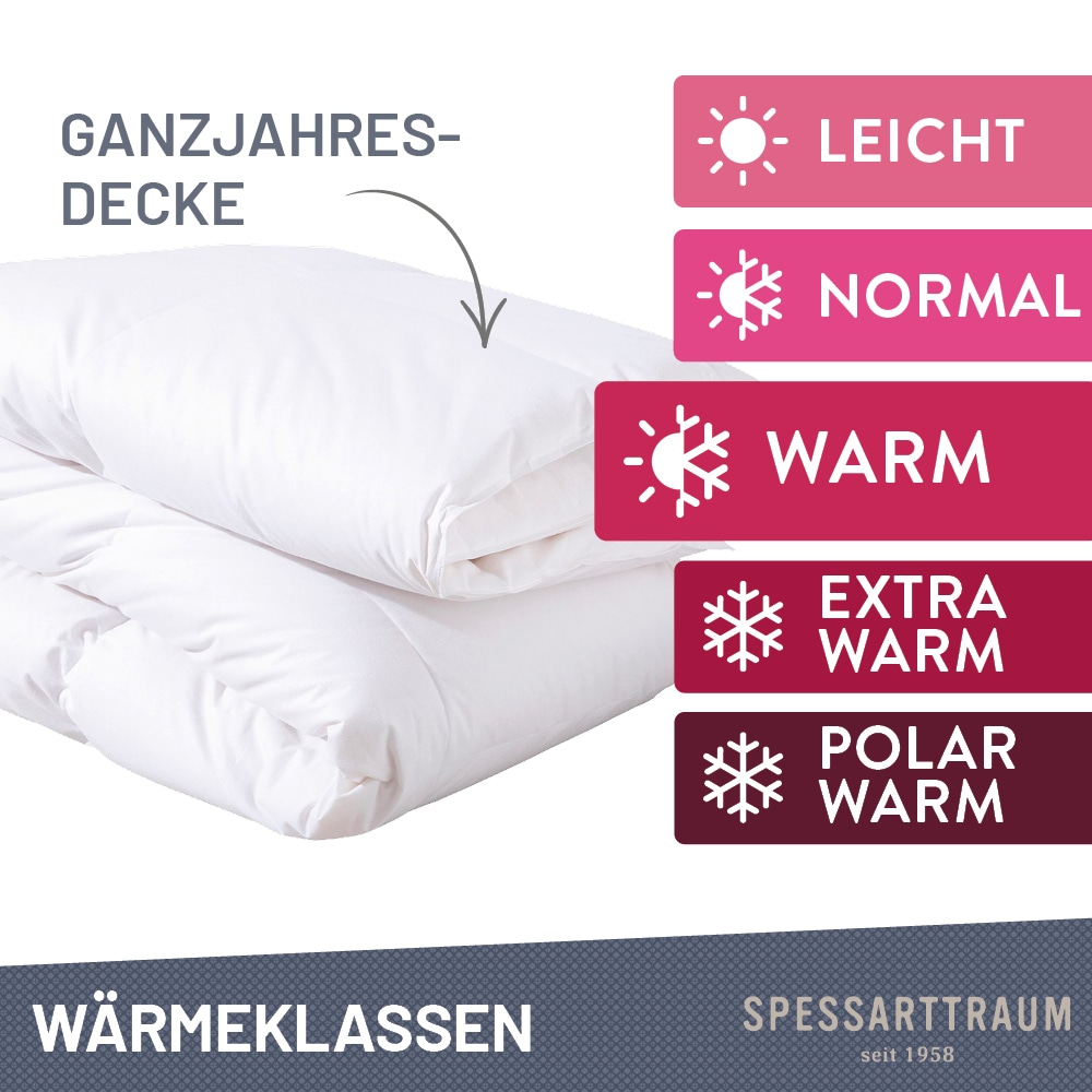 SPESSARTTRAUM Daunenbettdecke »First Class«, warm, Füllung 90% Daunen / 10% Federn, Klasse 1, Downpass zertifiziert, Bezug 100% Baumwolle, Made in Green, Hausstauballergiker geeignet, (1 St.), 5 Wärmeklassen & 6 Grössen, Bestseller