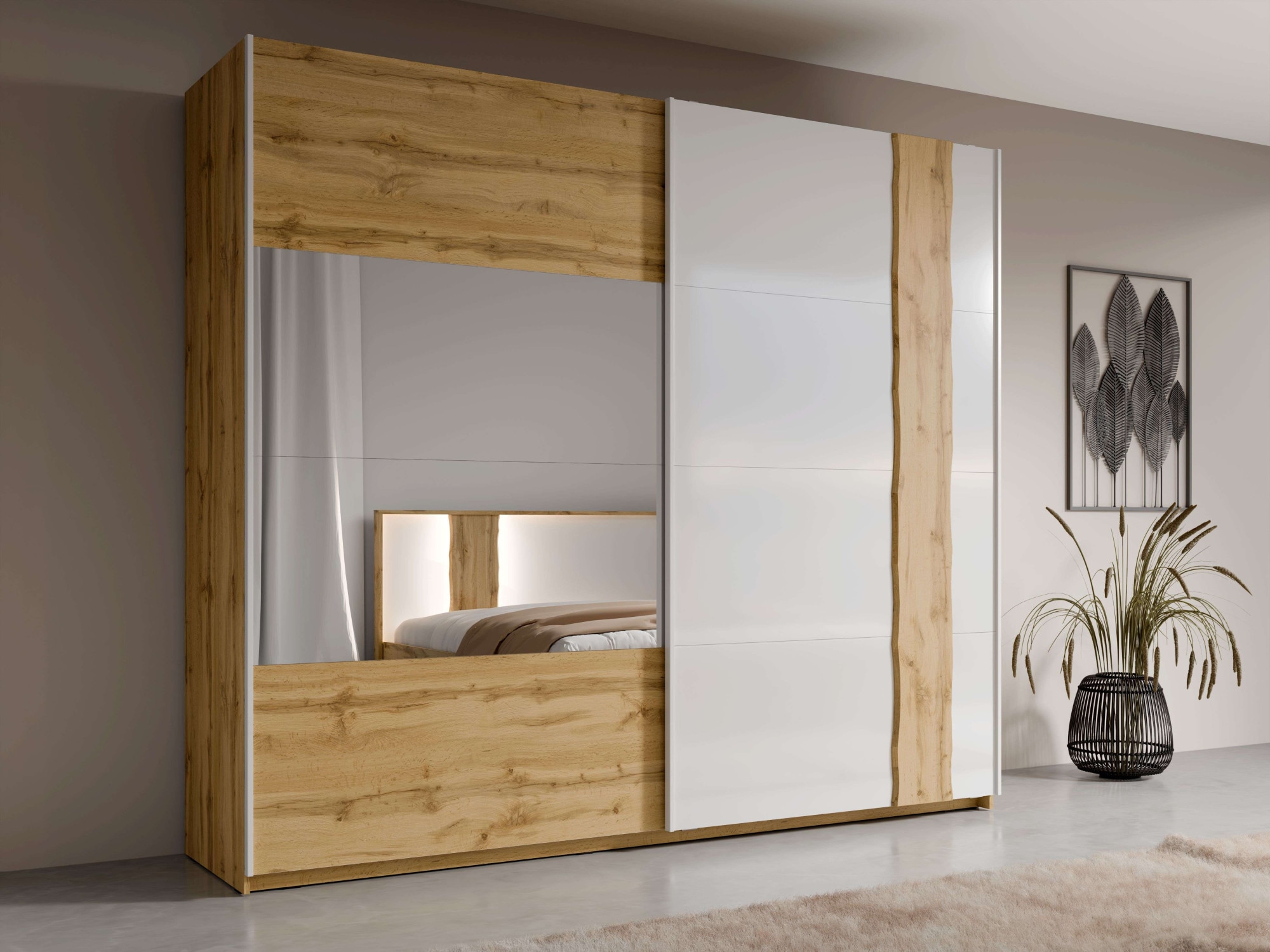 Home affaire Kleiderschrank »Fabella mit Spiegel, 8 Einlegeböden und 2 Kleiderstange« Garderobe mit 2 Schwebetüren und Spiegel, BxHxT 200x218x66,5 cm