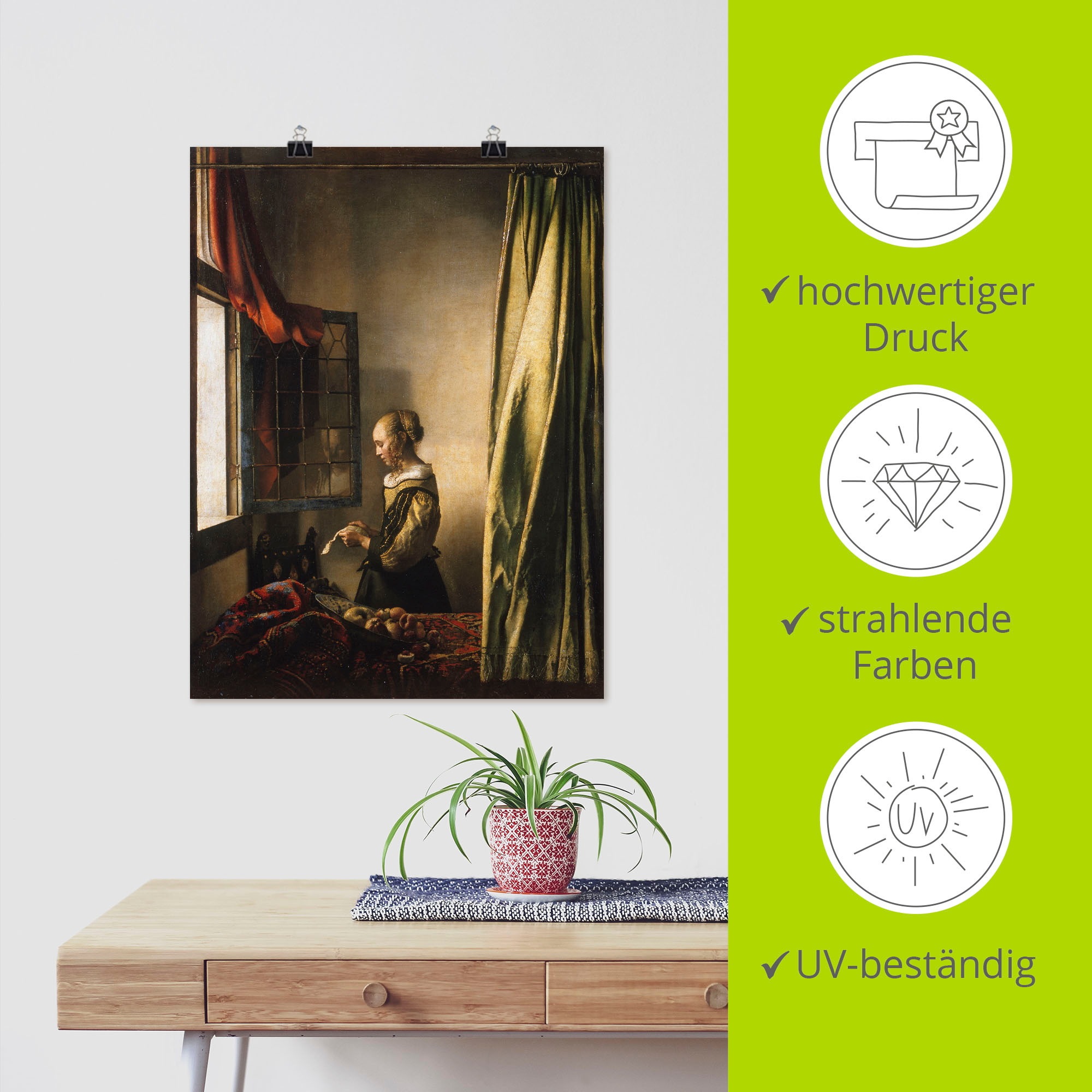 Artland Wandbild »Briefleserin am offenen Fenster. Um 1658«, Frau, (1 St.), als Leinwandbild, Poster, Wandaufkleber in verschied. Grössen