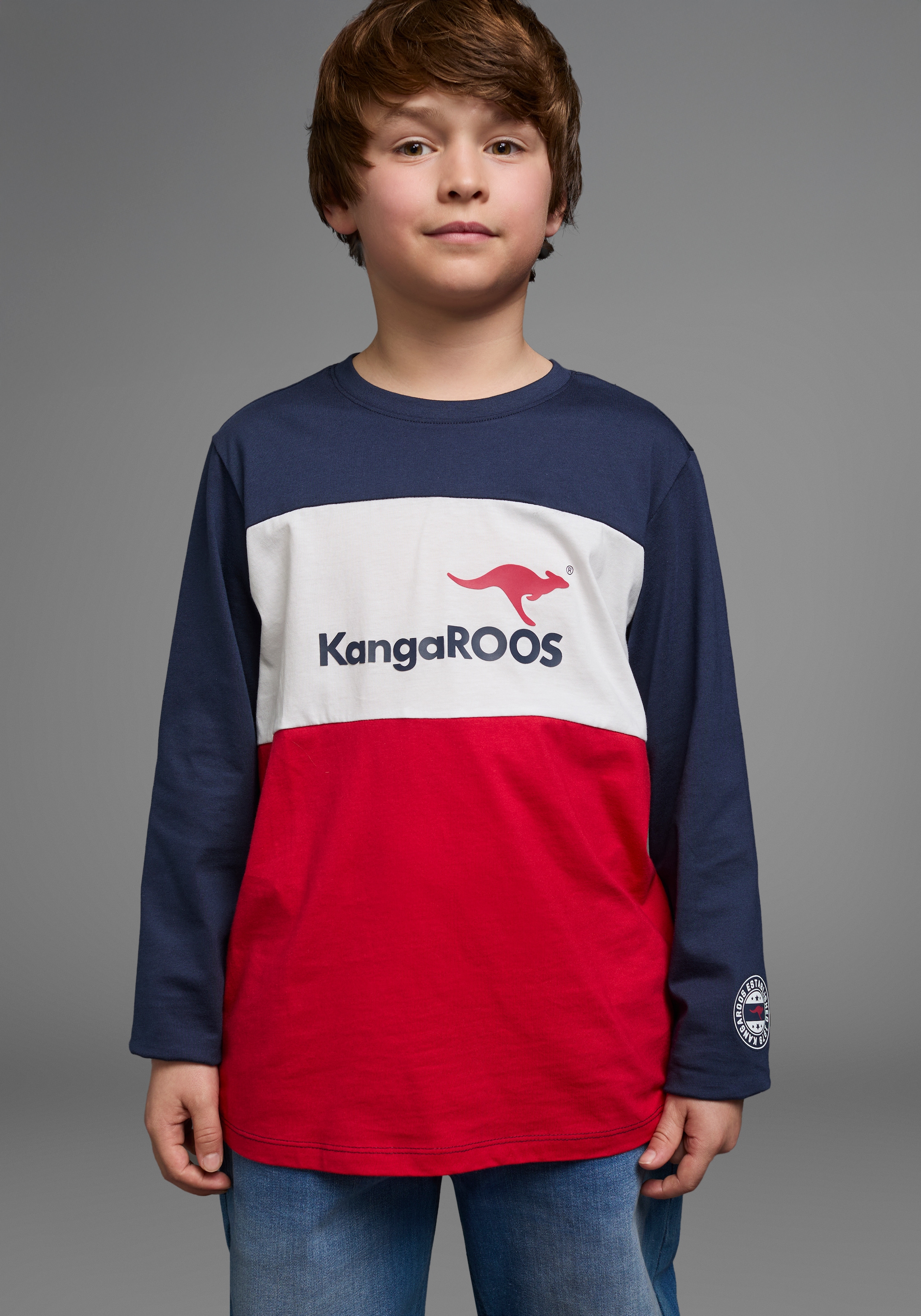 KangaROOS Langarmshirt »Im tollem Colorblocking-Design«, Langarm, Basic-Passform, mit auffälligem Druck