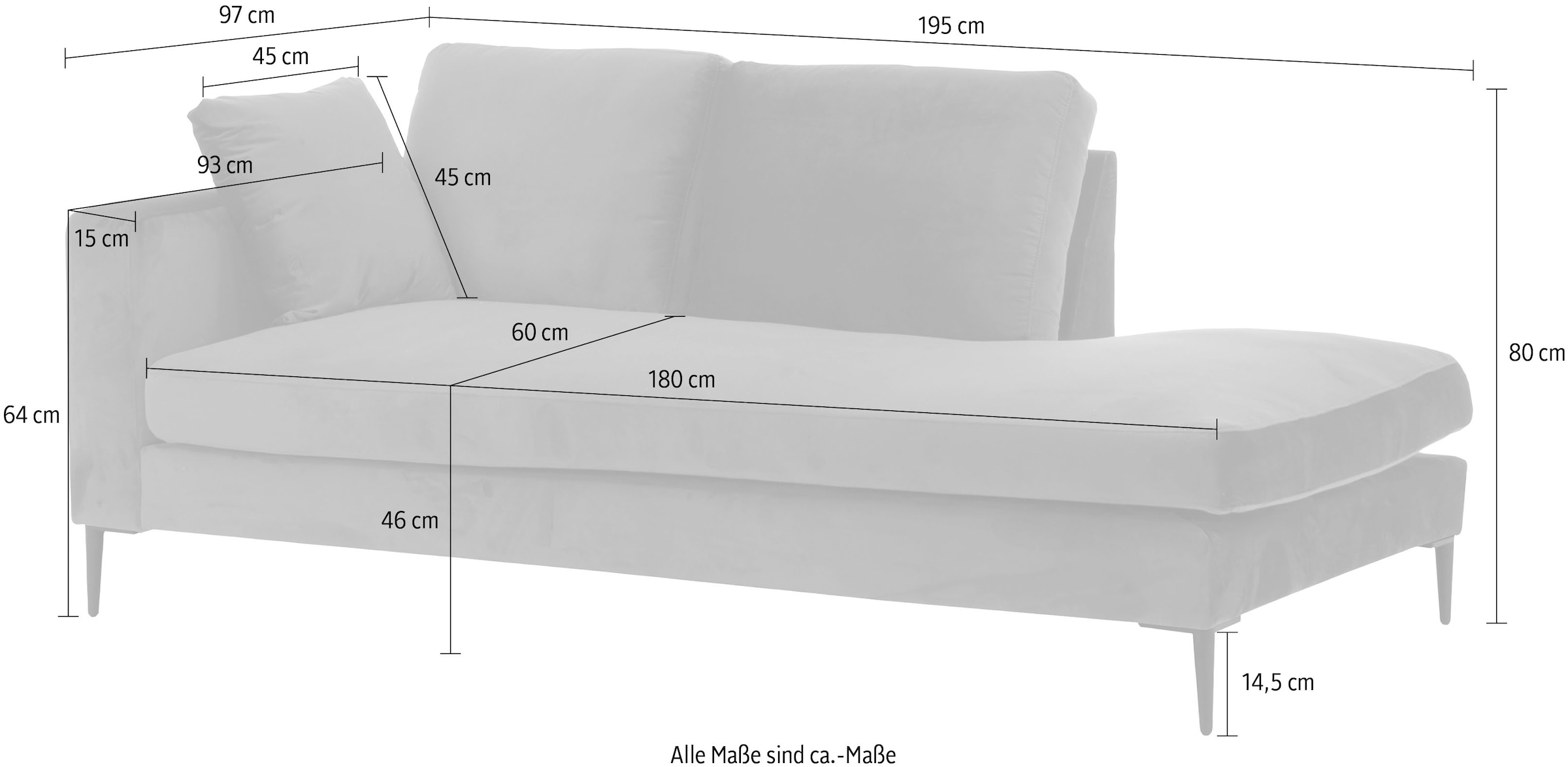 Leonique Recamiere »Cozy Chaiselongue, Masse B/T/H: 195/97/80 cm«, mit losen Kissen und Metallbeinen, Armlehne links oder rechts wählbar