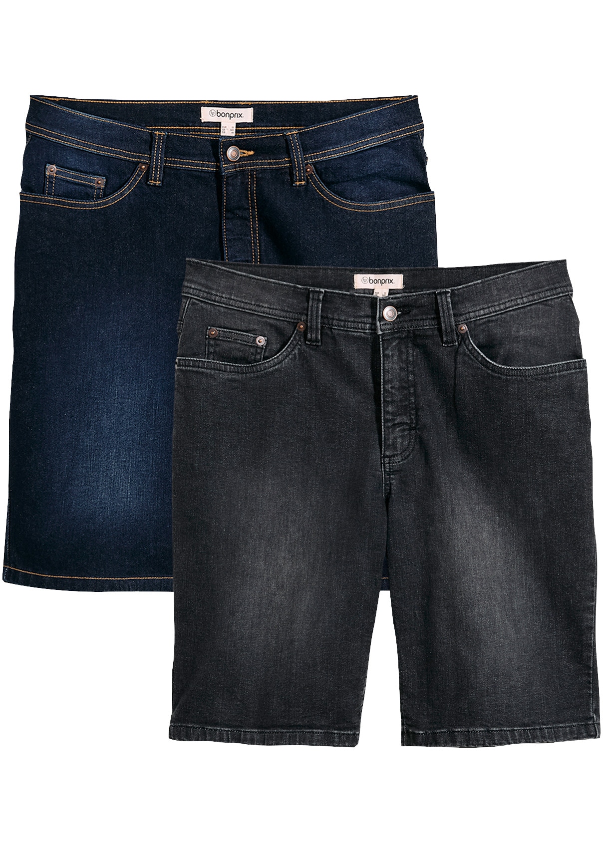 bonprix Jeansbermudas Packung, 2er, 2 mit Elasthan-Anteil, im Straight Fit, mit Used-Effekten, 5-Pocket-Form