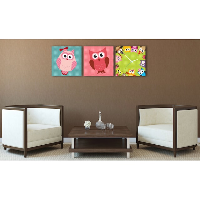 Conni Oberkircher´s Bild »Colours Owl - bunte Eulen«, Eulen, (Set, (Set 3),  mit dekorativer Uhr, Kinderbild, Waldtiere online kaufen | Jelmoli-Versand