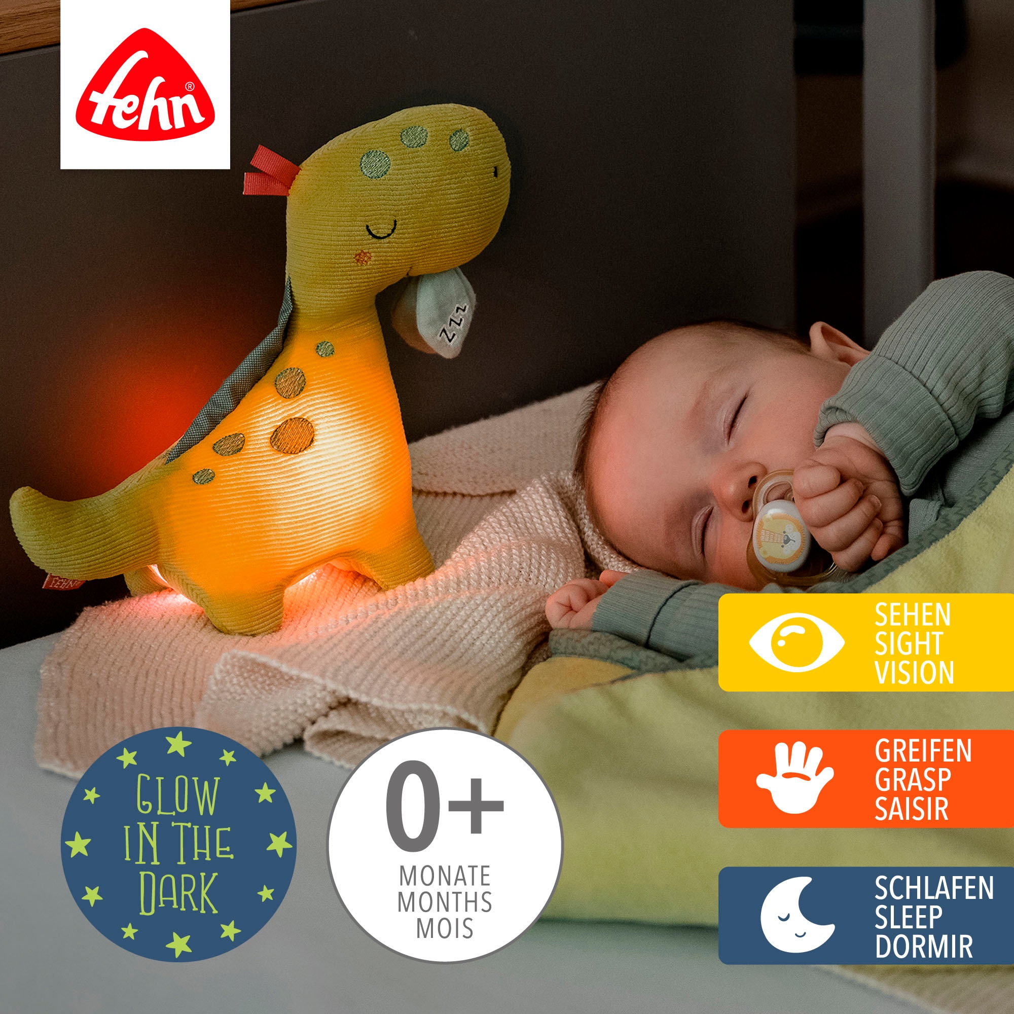 Fehn Kuscheltier »Happy Dino«, mit »Glow-in-the-dark«-Bestickung & Nachtlicht-Modul