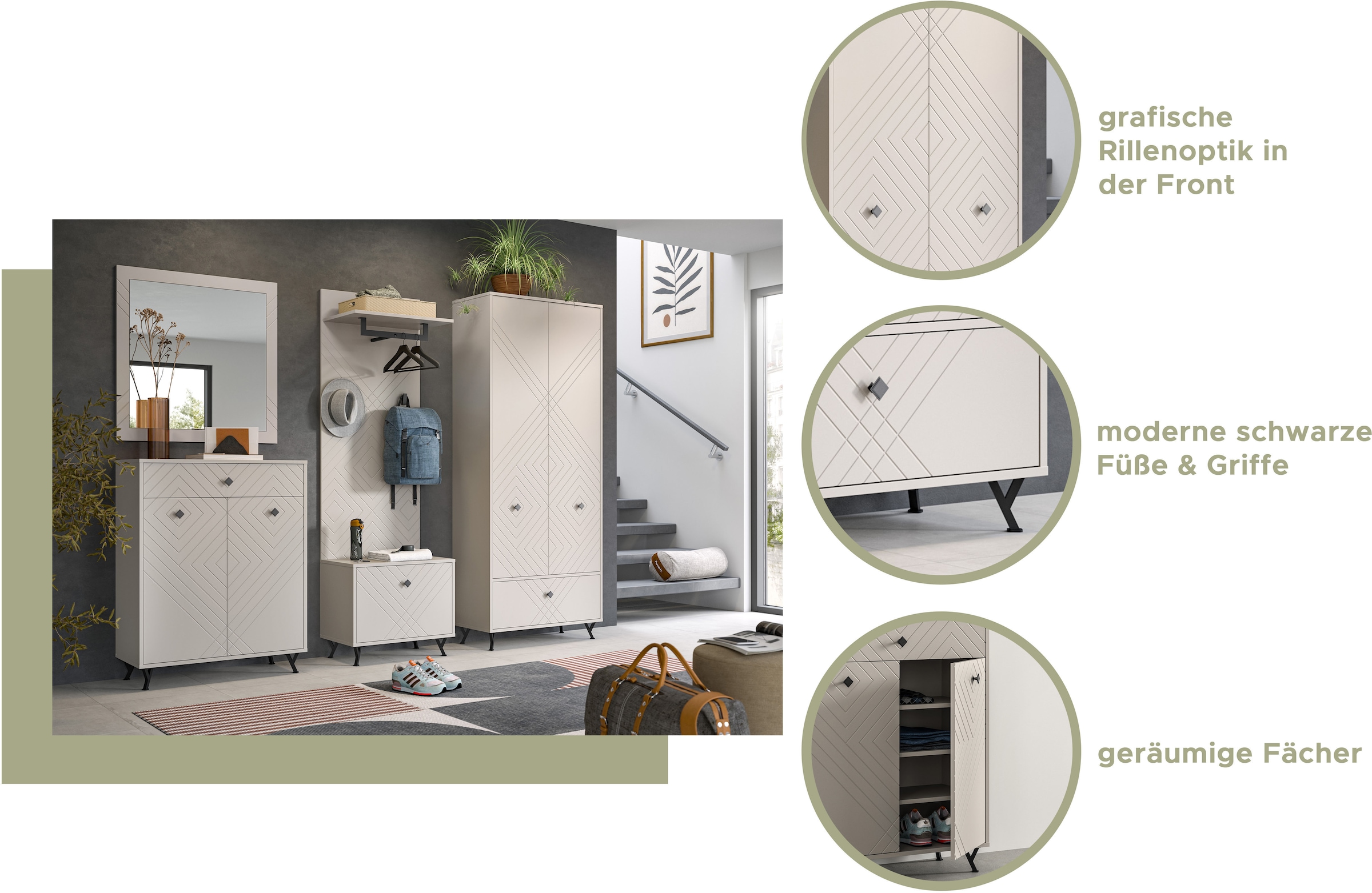 INOSIGN Garderobenschrank »Mento, Höhe 190cm, 2 Türen, 1 Klappe, 4 Einlegeböden, 6 Fächer«, Metall Knopfgriffe & Y-Füsse, Front mit Ornamentfräsung, Kleiderschrank