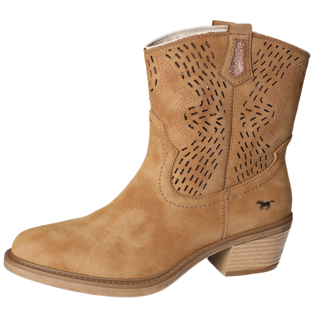 Mustang Shoes Westernstiefelette, Cowboy Stiefelette, Boots mit aufwändiger Perforation am Schaft