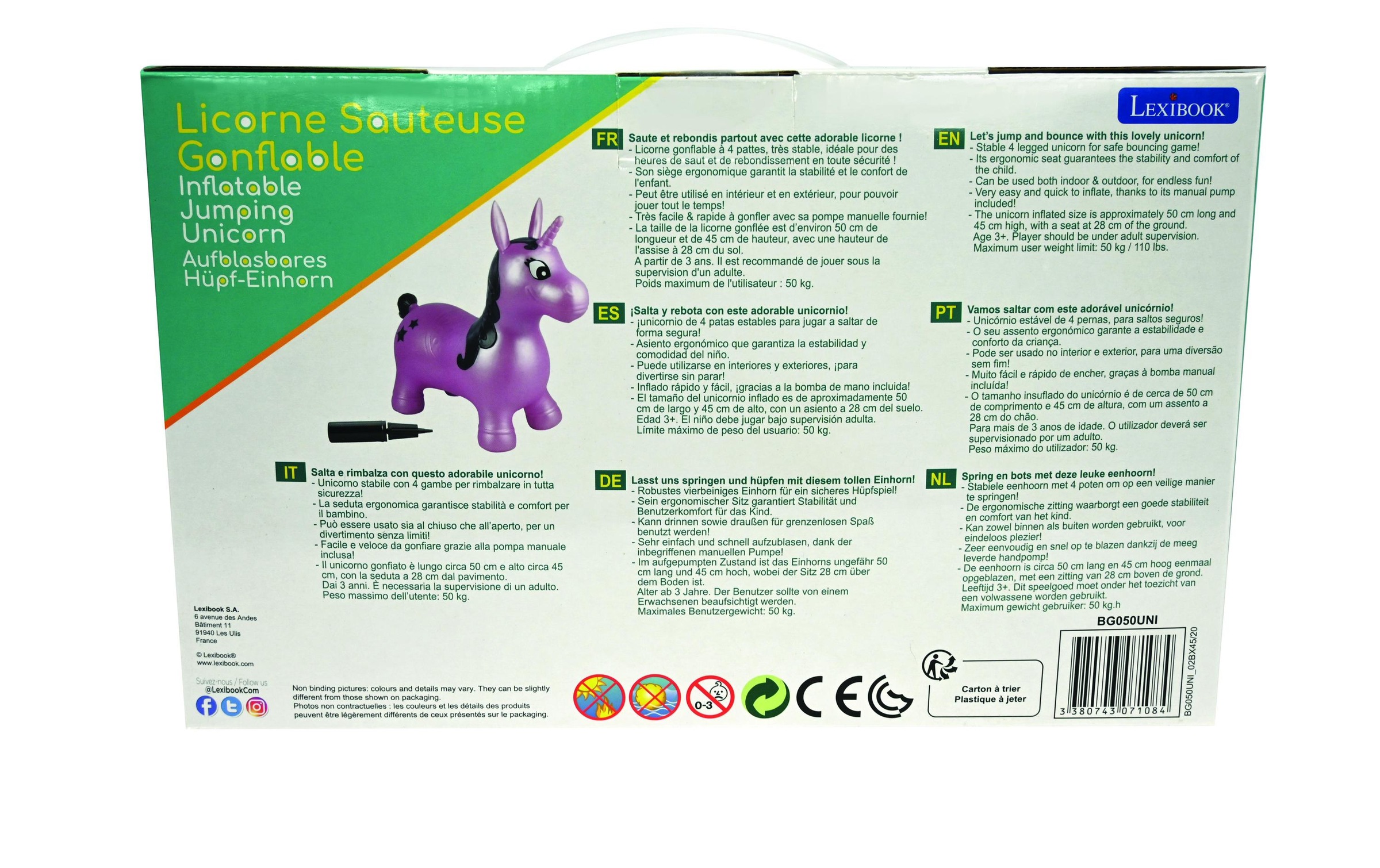 Lexibook® Hüpftier »Einhorn 50 cm«, Schnell aufzublasen mit der mitgelieferten Handpumpe