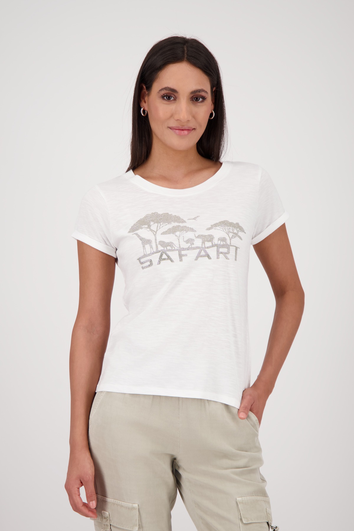 Monari Rundhalsshirt mit Frontprint und Glitzernieten