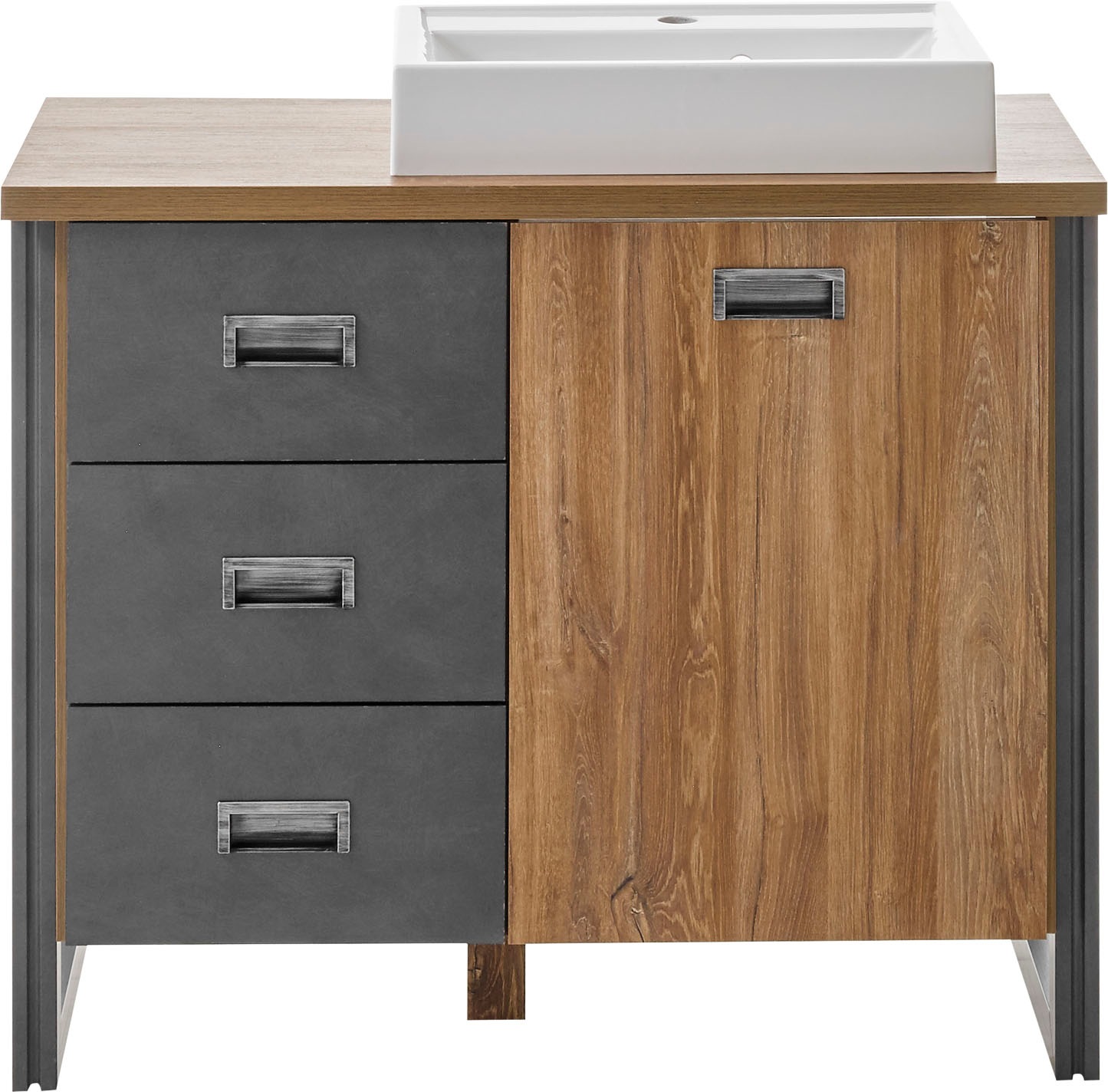 Home affaire Waschtisch "Detroit, Unterschrank mit Apothekergriff, Badschrank, Industrialdesign" Eiche Dekor, mit Stauraum, inkl. Mineralguss-Waschbecken, Breite 91 cm