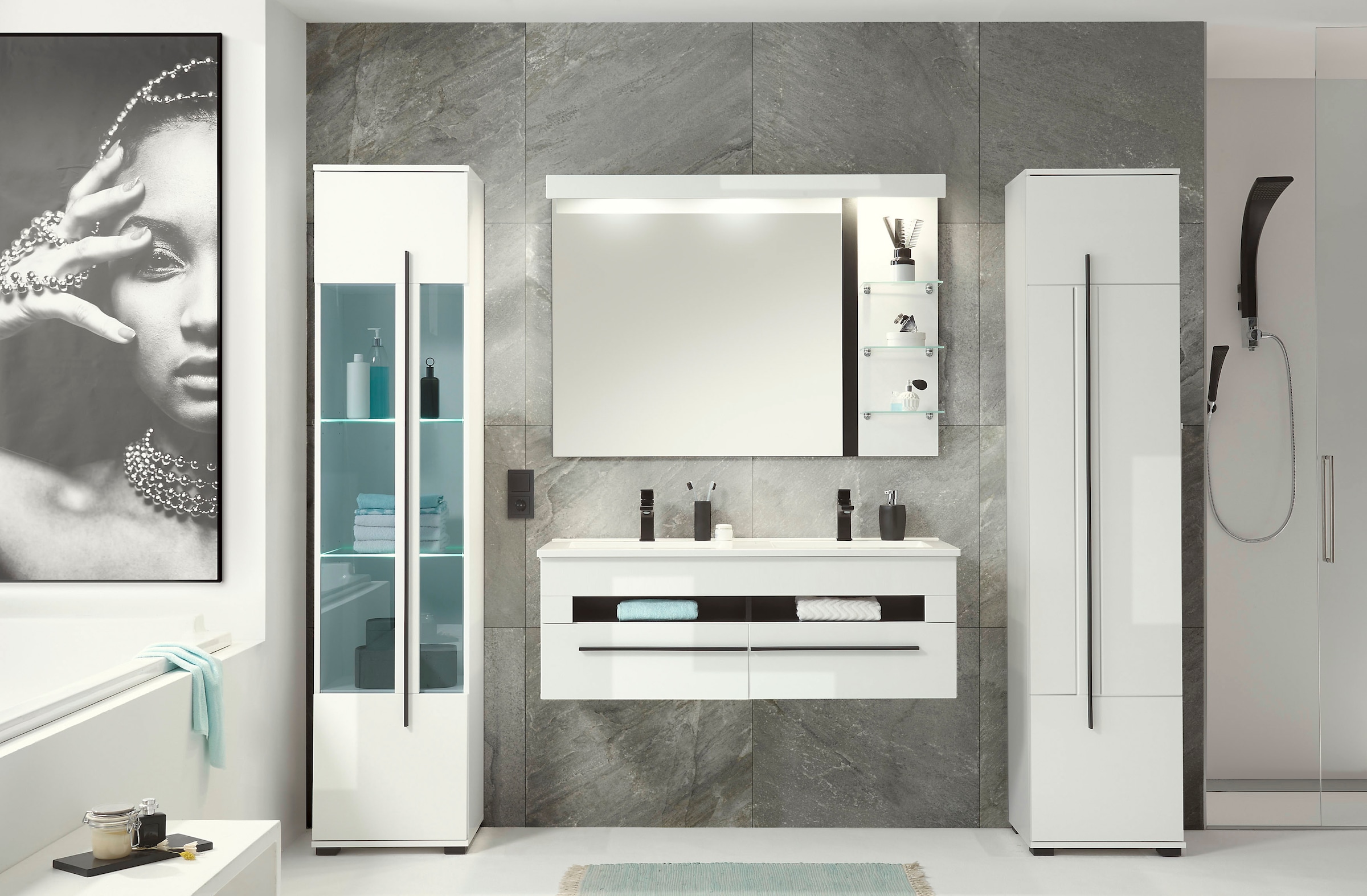 INOSIGN Waschtisch »Cantara, Waschtisch inkl. Waschbecken, modernes Design«, mit schwarzen Griffen, ausreichend Stauraum