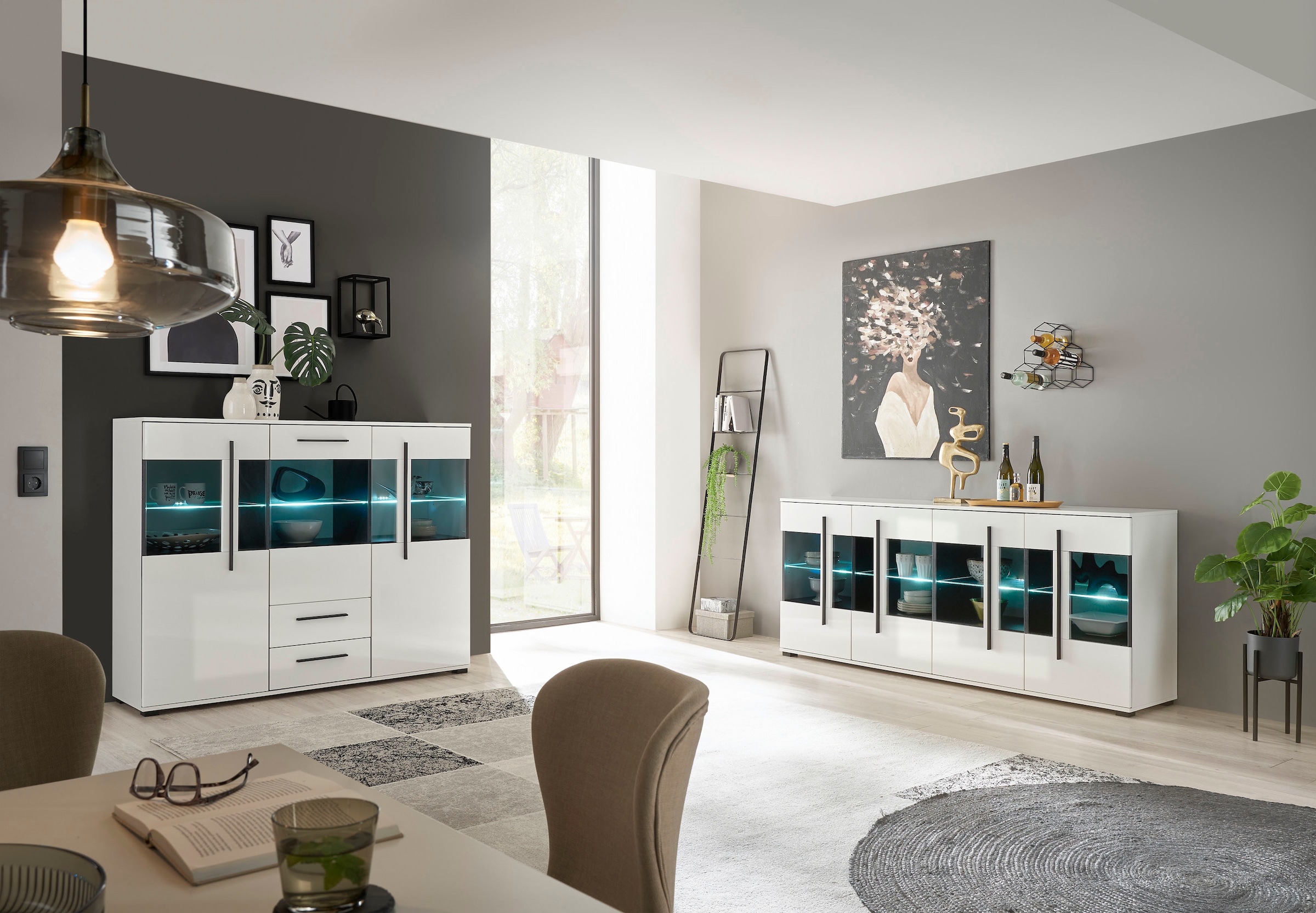 INOSIGN Highboard »Cantara, moderner Schrank, Vitrine in Eiche Dekor oder weiss«, schwarze Stangengriffe, ausreichend Stauraum, vielseitig einsetzbar