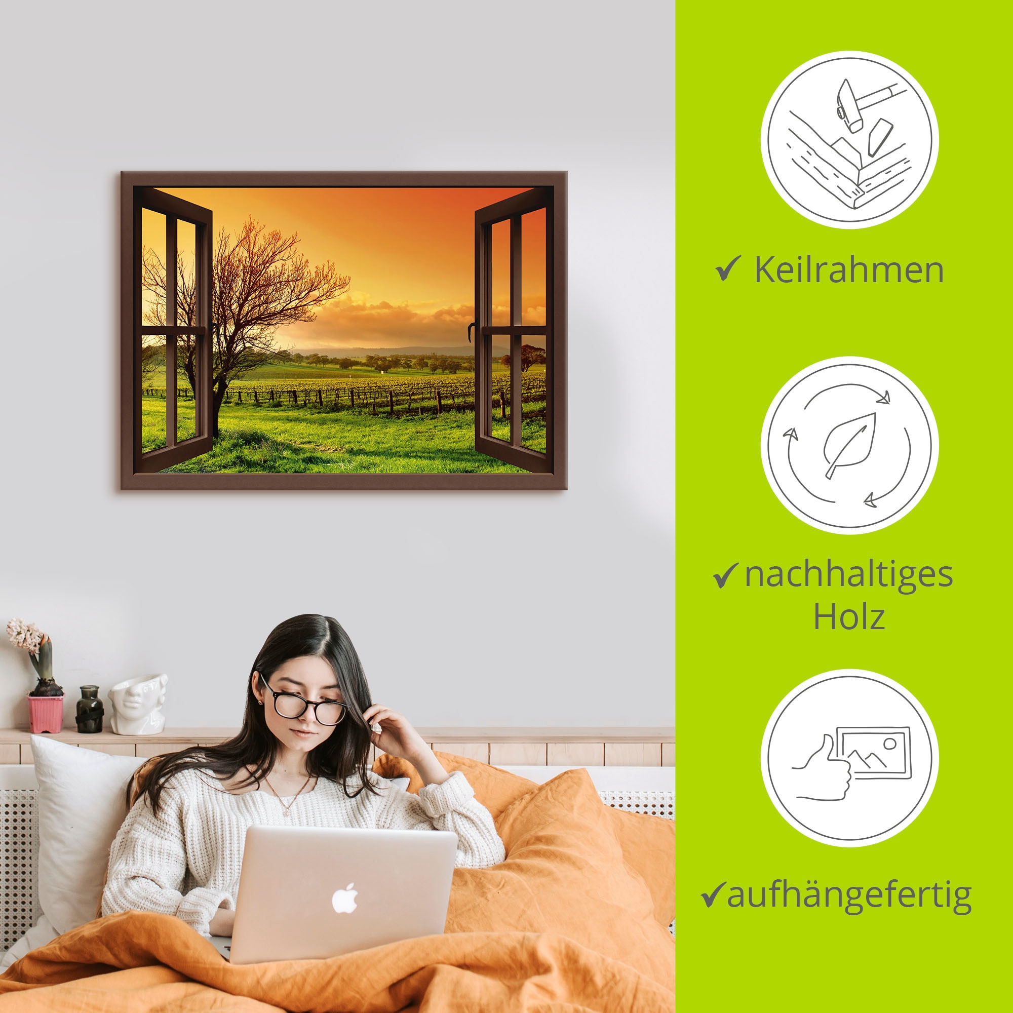 Artland Wandbild »Fensterblick - Landschaft mit Weinbergen«, Fensterblick, (1 St.), als Leinwandbild, Wandaufkleber in verschied. Grössen