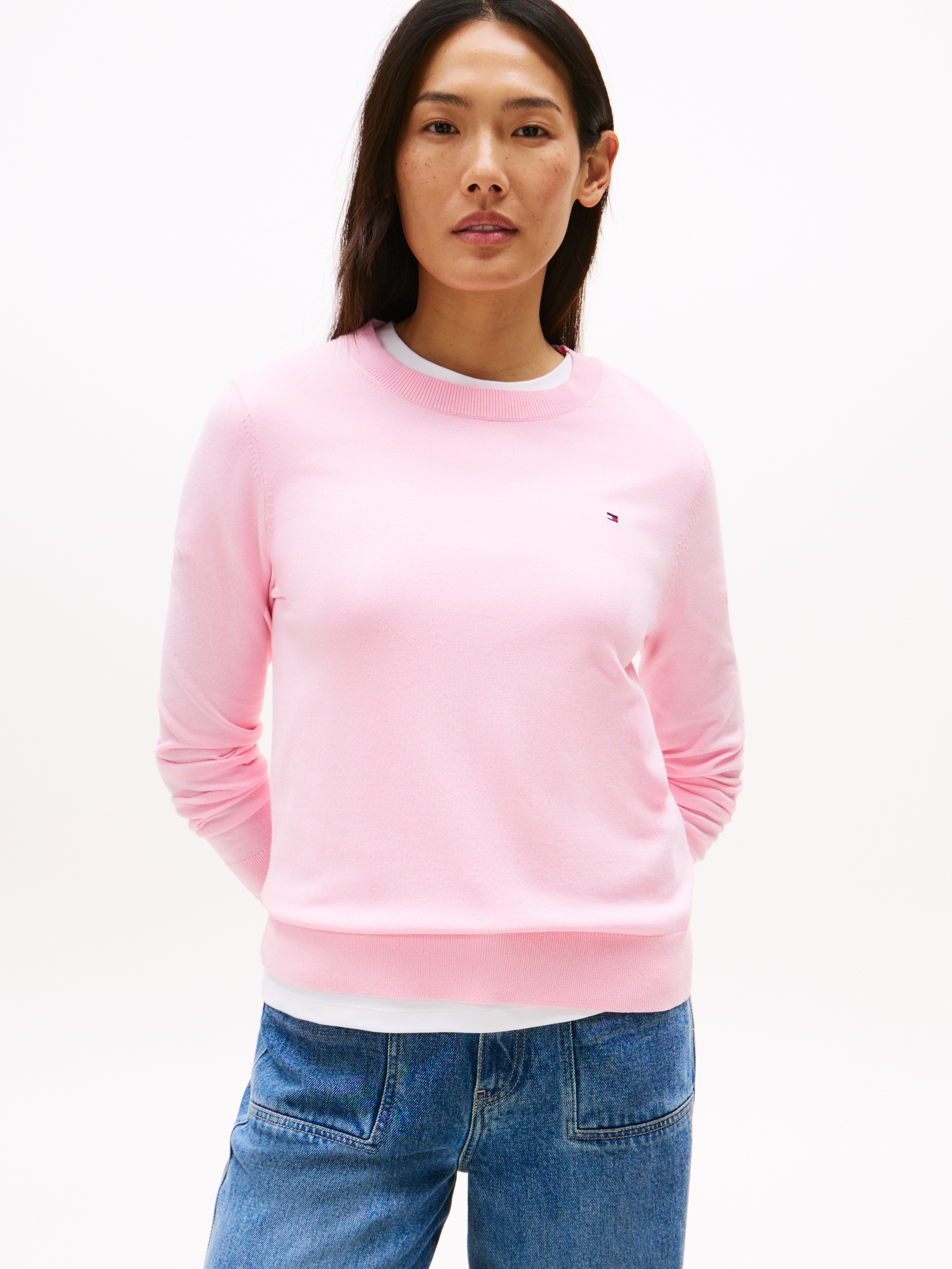 Tommy Hilfiger Rundhalspullover »CO JERSEY STITCH LS C-NK SWT« mit Logostickerei