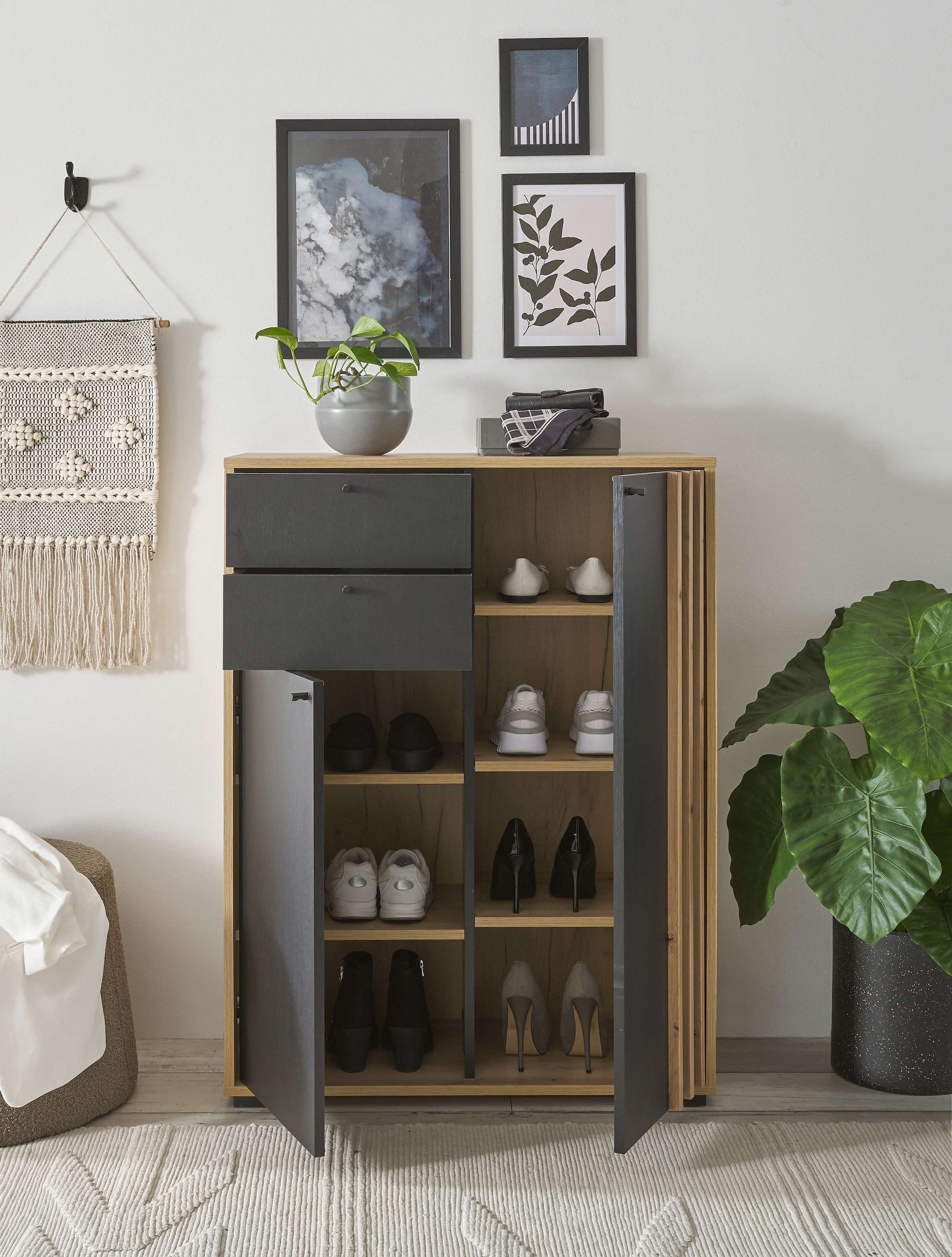 HBZ Schuhschrank »Volano in schwarz, BxHxT 80x106x38 cm«, (1 St.), Mit 2 Türen, 2 Schubkästen, 5 Einlegeböden