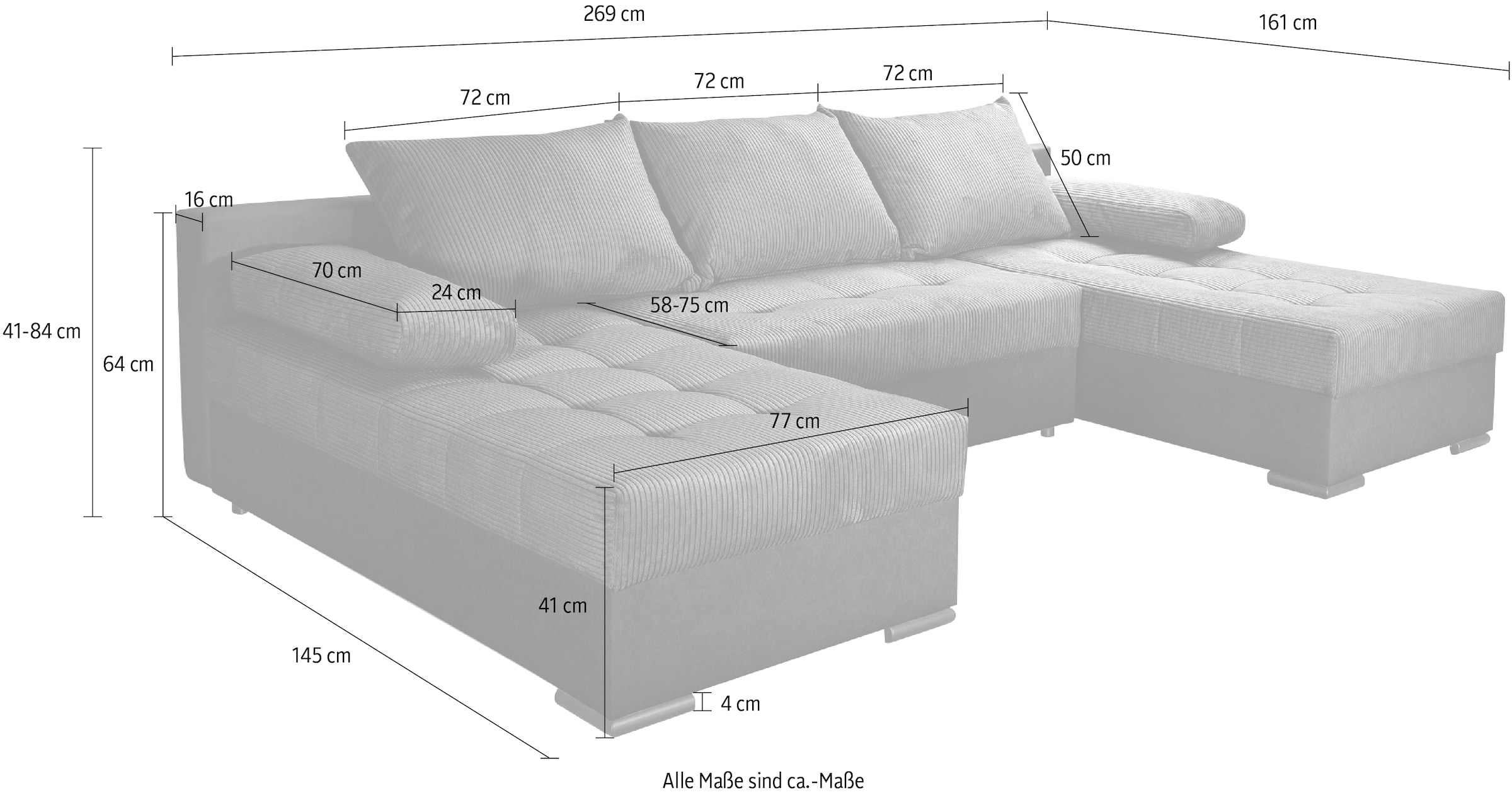 INOSIGN Wohnlandschaft »Josy U-Form«, inkl. Bettfunktion, Bettkasten und Kissen, mit 2 Recamieren