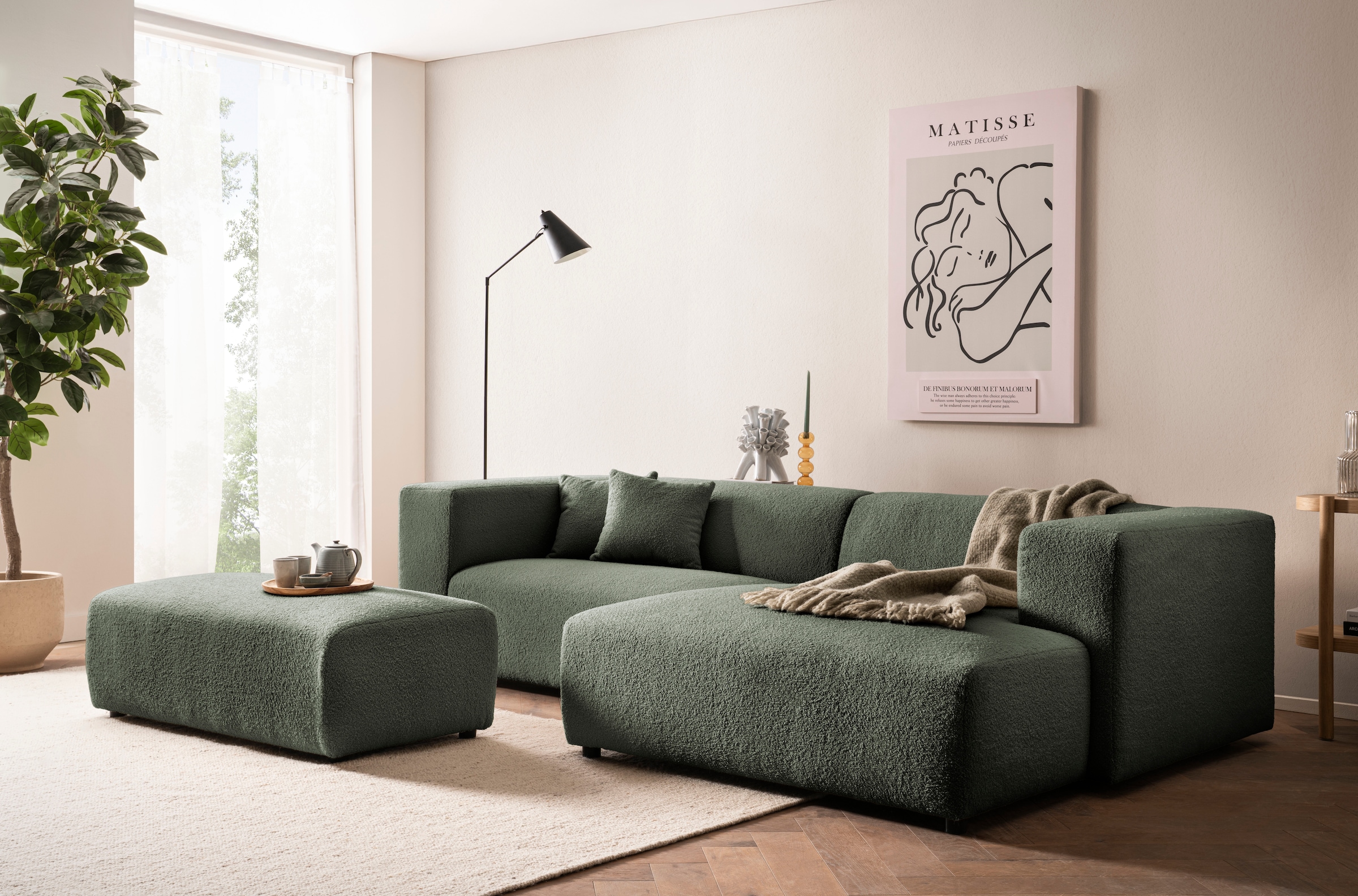 andas Ecksofa »BAKELS, L-Form in Cord oder Boucle-Stoff, moderne Couch«, wahlweise Recamiere rechts/links, bequemer Sitzkomfort
