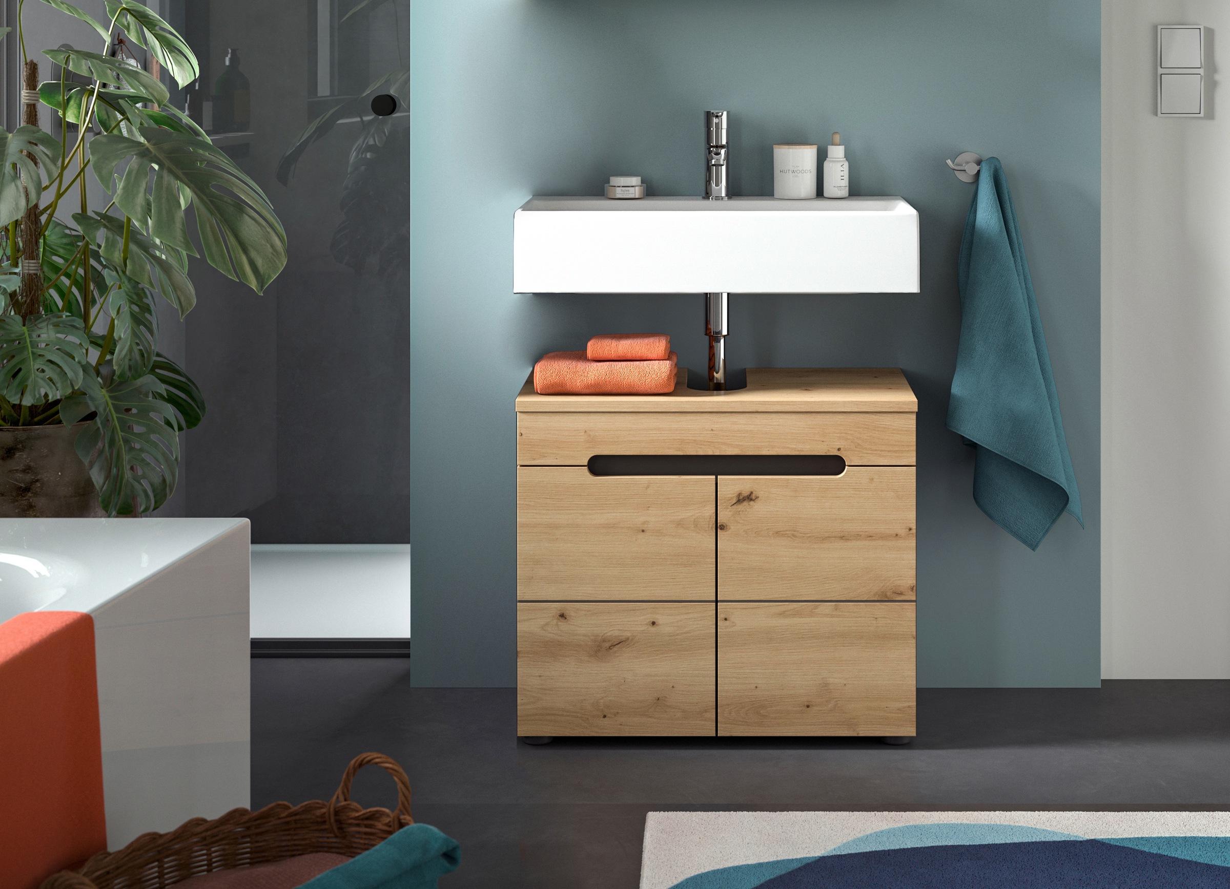 welltime Waschbeckenunterschrank "REHAT, Breite 63 cm, 2 Türen, Einlegeboden, mit Siphonausschnitt" Soft-Close-Funktion, eingefasste Griffaussparung in der Front
