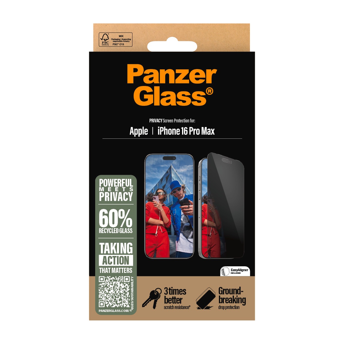 PanzerGlass Displayschutzglas »Privacy Screen Protection«, für Apple iPhone 16 Pro Max, Displayschutzfolie, Schutzfolie, Bildschirmschutz, kratz- & stossfest