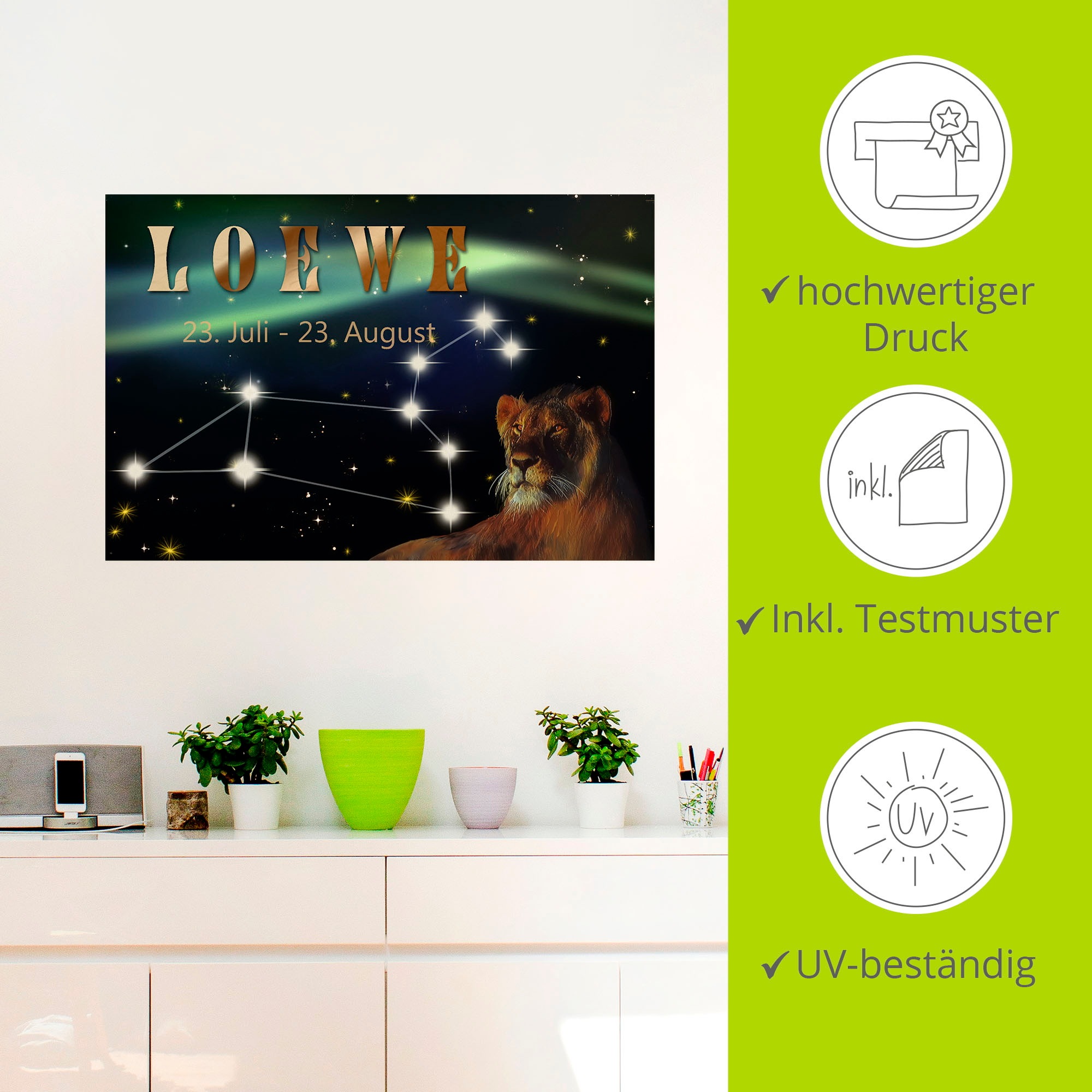 Artland Wandbild »Sternzeichen - Löwe«, Bilder von Sternzeichen, (1 St.), als Leinwandbild, Poster, Wandaufkleber in verschied. Grössen