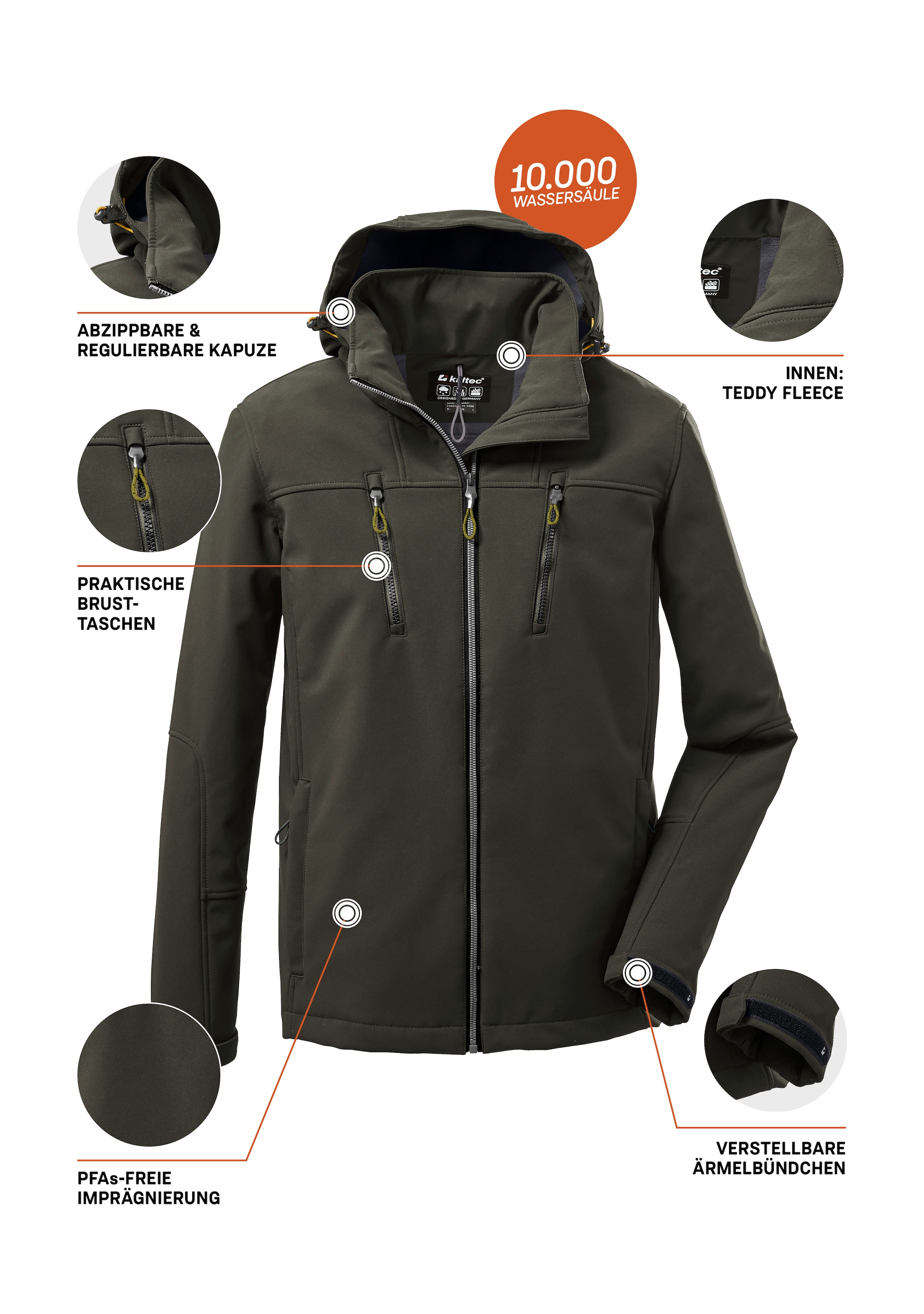 Killtec Softshelljacke »KOW 163 MN SFTSHLL JCKT«, Wasserdichte Softshelljacke, abnehmbare Kapuze, Fleece-Futter