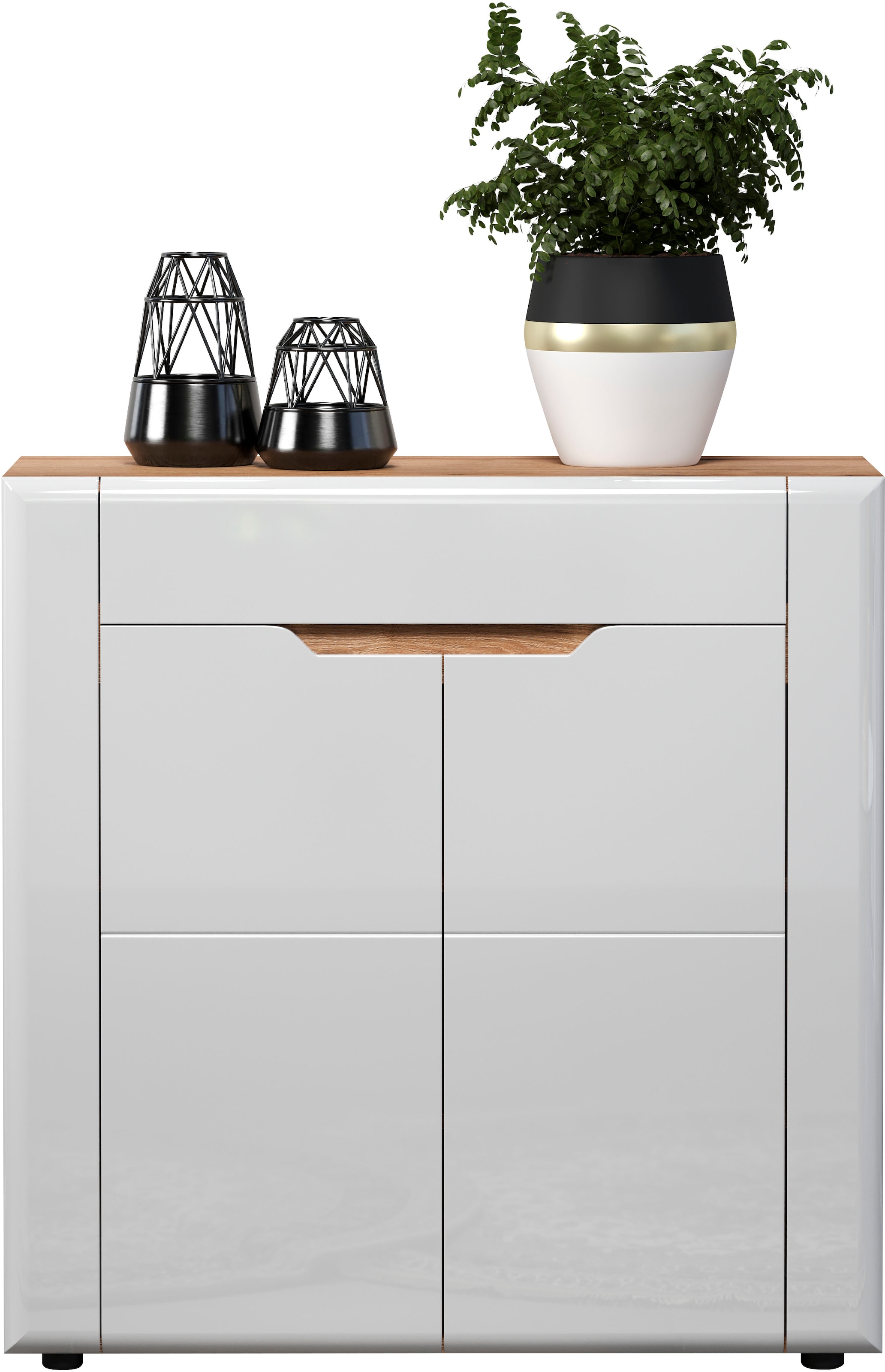 INOSIGN Kommode »Graz«, (Packung, 1 St.), Masse (B/H/T in cm): (91/94/38) - Farbe Weiss Hochglanz und Eiche