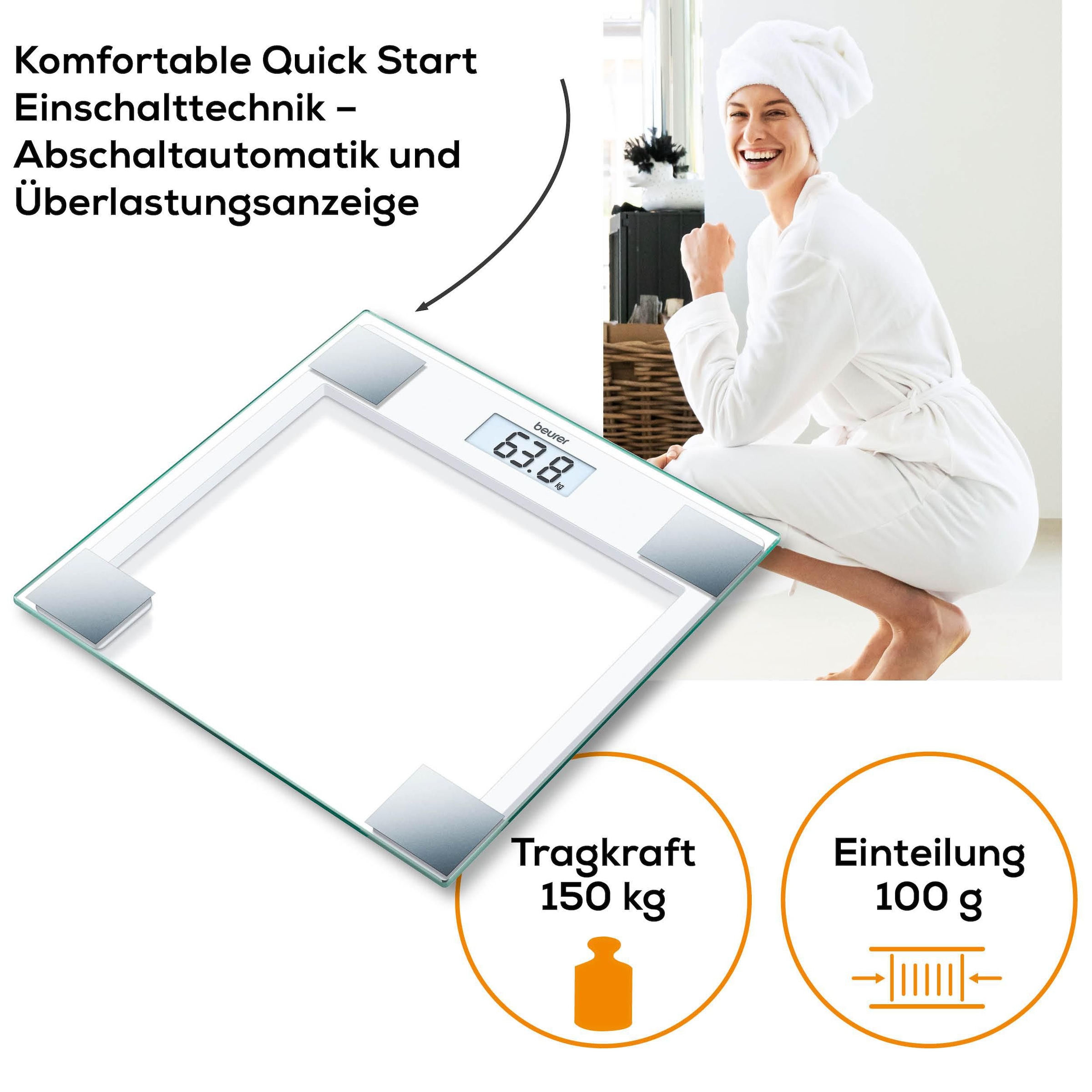 BEURER Personenwaage »GS 14 mit Wiegefläche aus extra klarem Sicherheitsglas«, Flache Bauhöhe, Tragkraft bis 150 kg, Überlastungsanzeige