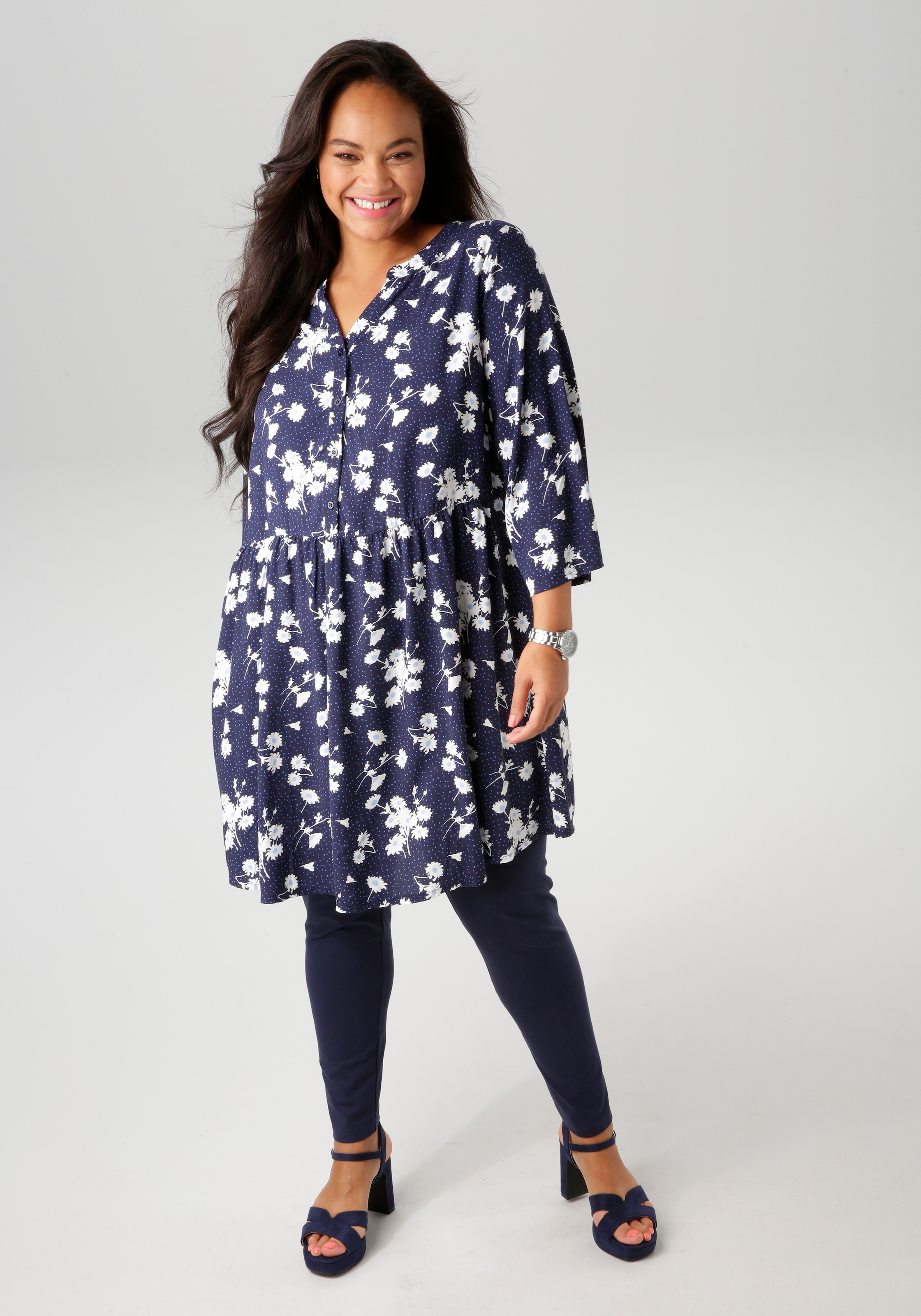 Aniston PLUS Longbluse, mit Blumen und kleinen Pünktchen bedruckt