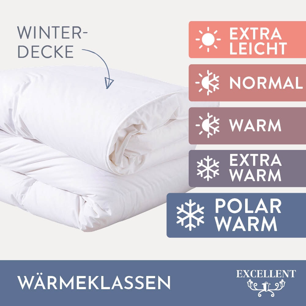 Excellent Daunenbettdecke »Wien, Bettdecken für Sommer und Winter, Decke«, polarwarm, Füllung 90% Daunen, 10% Federn, Bezug 100% Baumwolle, (1 St.), Bettdecke 135x200 cm, made in Germany, allergiker geeignet (Hausstaub)
